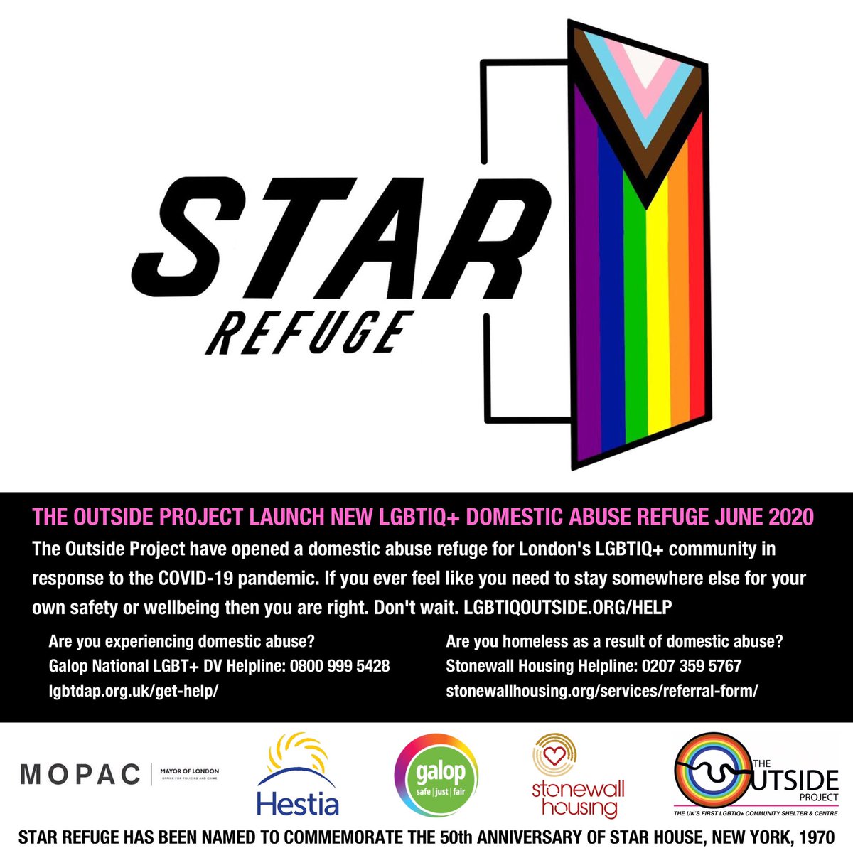 This June, they launched STAR Refuge, a domestic abuse refuge for London's LGBTIQ+ community in response to the COVID-19 pandemic. Its name references the refuge for trans youth established by Marsha P Johnson and Silvia Rivera. https://twitter.com/LGBTIQoutside/status/1269941216512180224