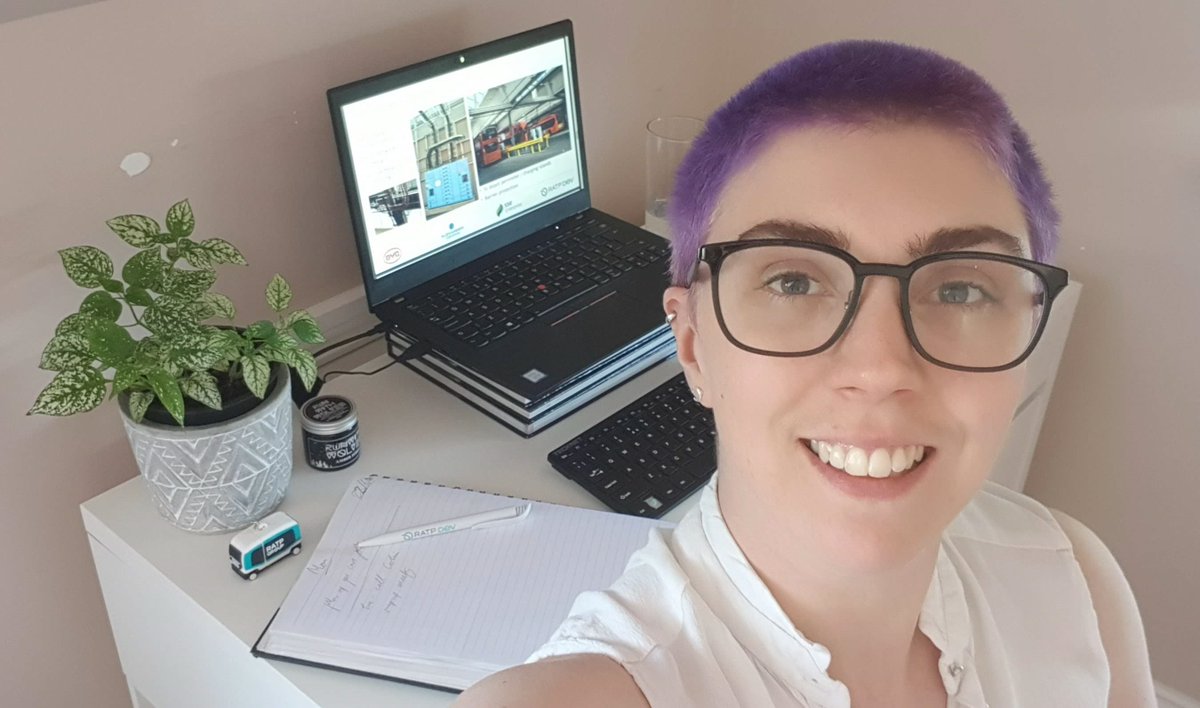 EmCBarnes's tweet photo. Working from home while I #ShapeTheWorld ! Growing up I never imagined that I'd implement large electric bus projects in London (while rocking purple hair) but here we are #PictureYourselfInSTEM #INWED #WomenInTransport @transportwm https://t.co/hCoP0ziv8x
