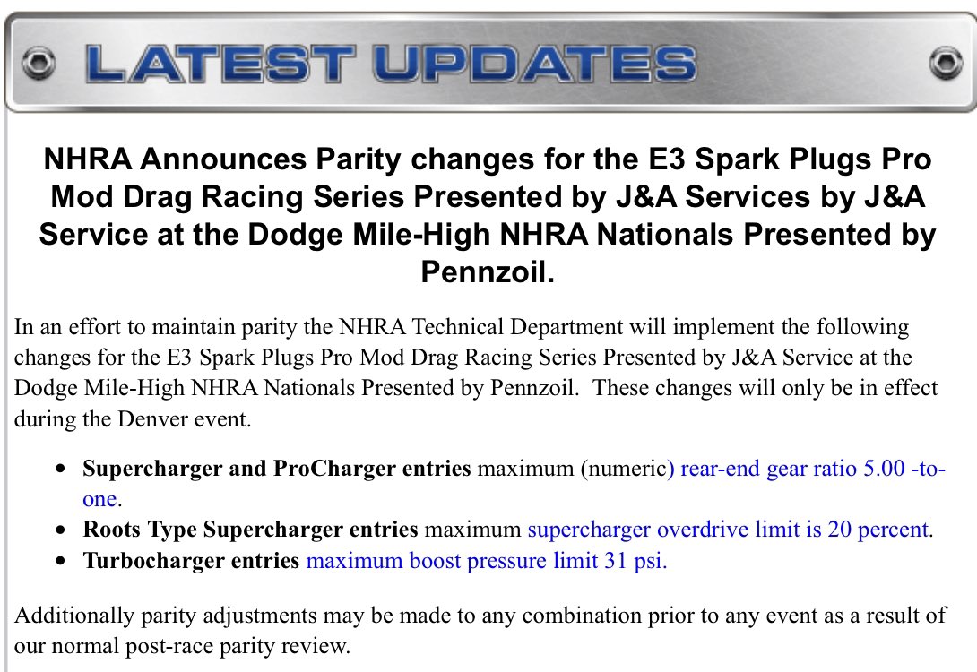 nhrapromodified's tweet photo. @NHRA announces parity changes for Denver.
#NHRA #ProMod #NHRAPROMOD https://t.co/uDLhNdpeDS