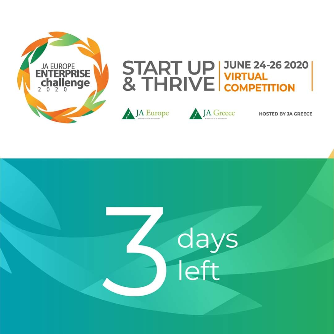 We are at the final stage…3 days remaining for the Awards Ceremony of JA Europe Enterprise Challenge 2020!
Best of luck to all the contestants!
#JAstartup #JAEEC20 #jagreece #jaeurope #jaworldwide