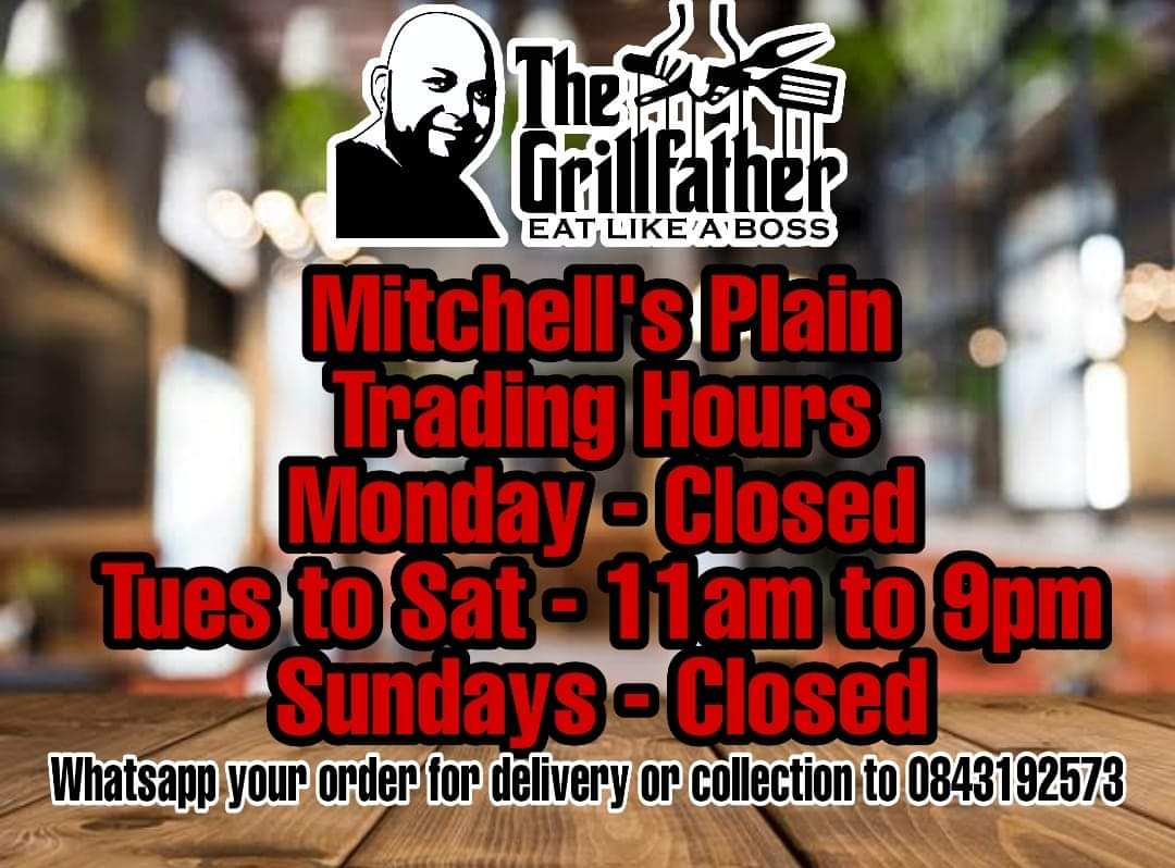 The Grillfather SA Where You #EatLikeaBoss
Whatsapp, Call &amp; Collect or Deliver
 
Mitchells Plain:0843192573
Kuilsriver:0616467900
Woodstock:0619453643
#proppafood #halaal #youchillwegrill <a href="/Tancred_Keys/">Tancred Keys</a>
