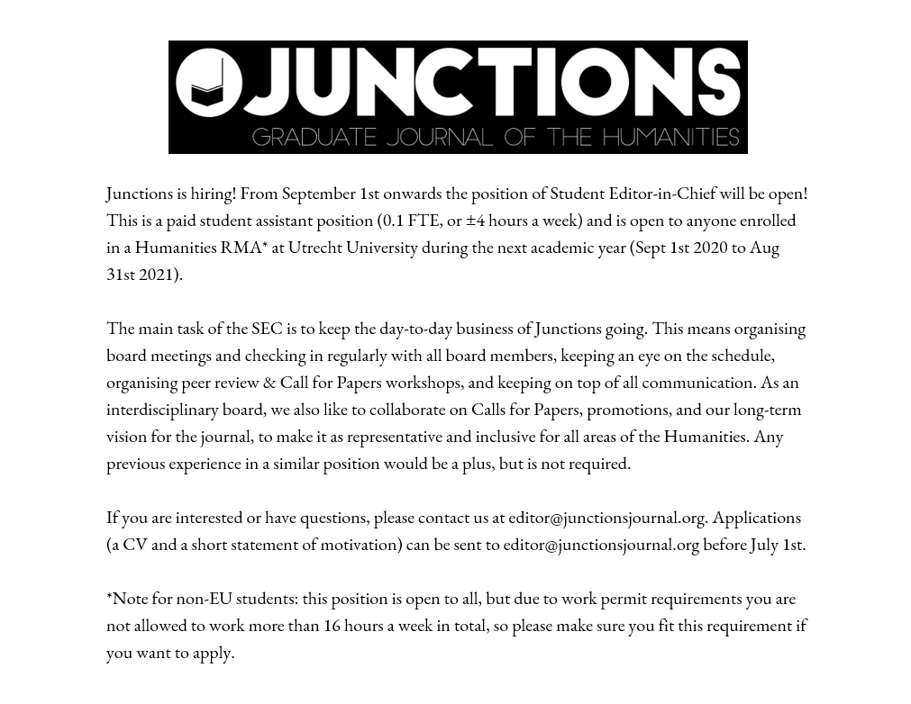 JunctionsUU's tweet photo. Junctions is hiring! From September 1st onwards the position of Student Editor-in-Chief will be open!
#junctionsjournal #academicjournal #gradjournal https://t.co/GNyb7Xw9zS