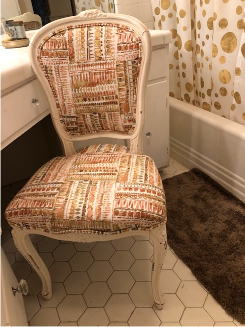 Look at her Second Story!  She gets to be a little chair for a built-in vanity.  We call this the "little princess bathroom".  It is in a 91-year old house, and our little chair could not be happier in her new home.