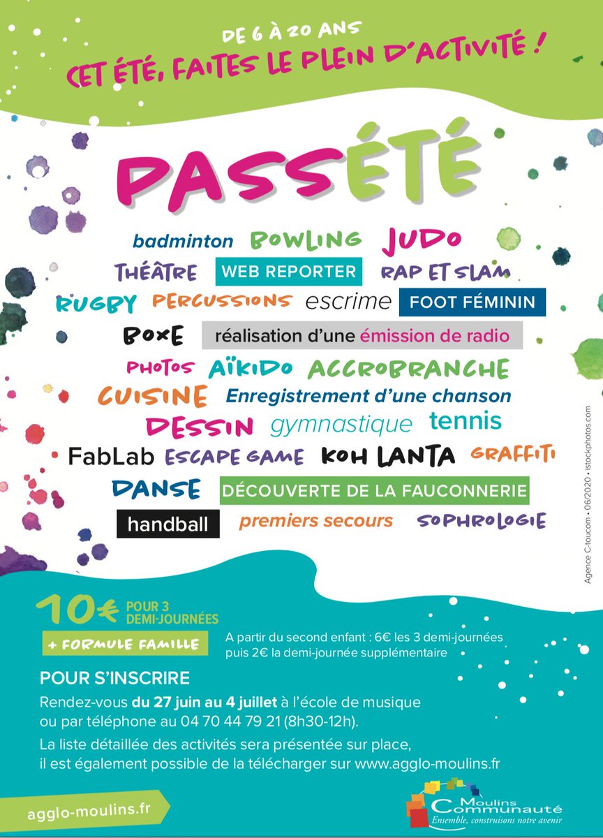 Nous sommes heureux de participer au Pass'Été 2020 destiné aux jeunes (6-20 ans) de <a href="/CAMoulins/">Moulins Communauté</a>.

Le principe est simple. Pour 10 €, le détenteur du Pass peut choisir trois demi-journées de stage parmi la liste proposée.

Info &amp; inscriptions: agglo-moulins.fr