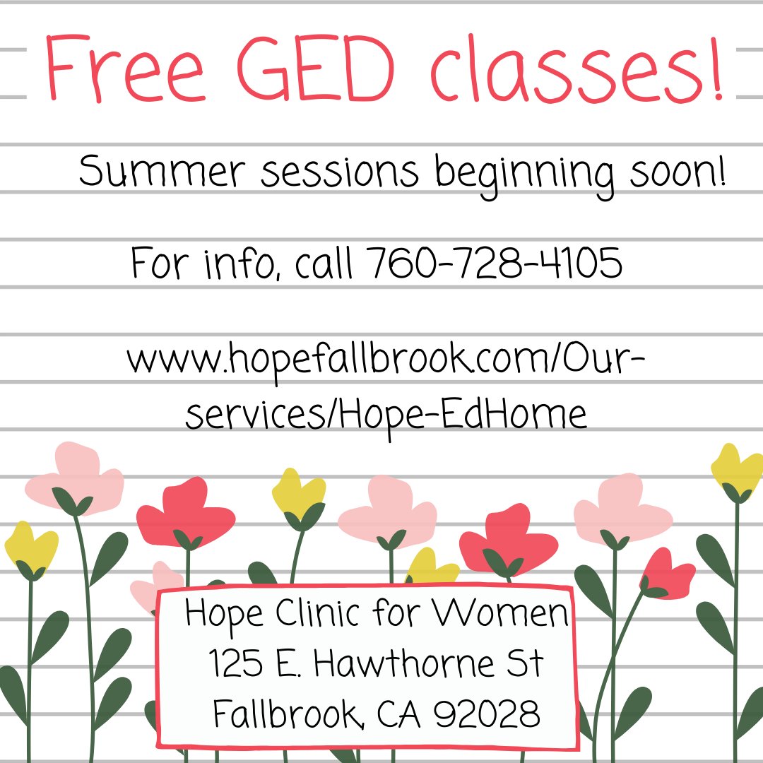 HopeFallbrook's tweet image. One of our programs here at Hope Clinic for Women are free GED classes! For more information, visit our website or call 760-728-4105.
#GEDclass #freeclasses #graduate #GEDtest #hopefallbrook #educatewomen #fallbrookhighschool #fallbrook #bonsall #northcountysd #learnwithhope