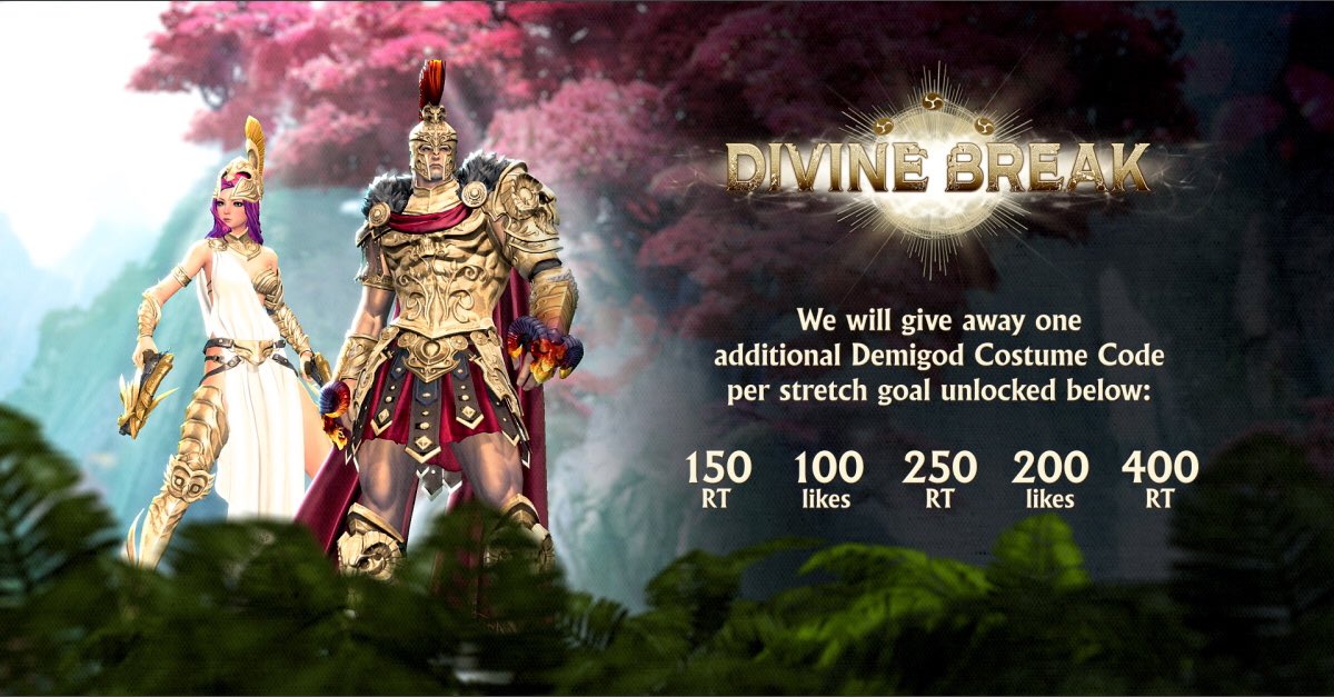 The #bns team is excited about the upcoming Divine Break release: To celebrate, we are giving away ✨5 Demigod Costume Codes✨: Follow &amp; RT to enter. We will pick 5 winners at random tomorrow, 6:00 AM PDT / 15h CEST #bladeandsoul