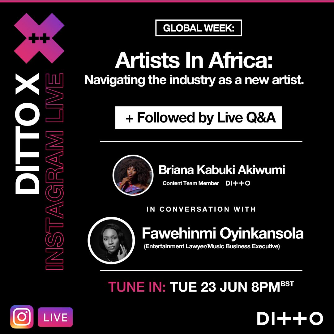 Donsarkcess's tweet photo. Up next for #DittoXGlobalWeek is @DittomusicAFR ๐
Ditto Music's content team member @BukiBuddafly will be joined by our friend @fozadoza, to discuss navigating the music industry as a new artist!
Tune in at 8 pm BST here ๐ https://t.co/J8QWMdIFow
#DittoMusic #DittoGlobal https://t.co/G40qNcOPrN
