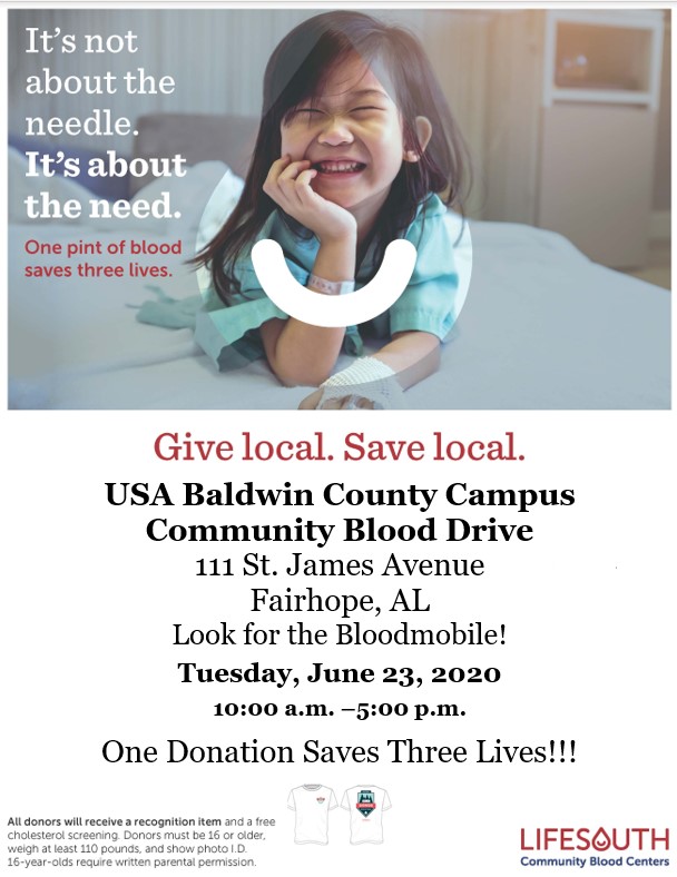 USABaldwin's tweet photo. USABC is hosting a community blood drive sponsored by LifeSouth. The need is greater than ever. Tuesday, June 23, 2020, from 10am-5pm. Give local, Save local. https://t.co/TLwo8DJn1B