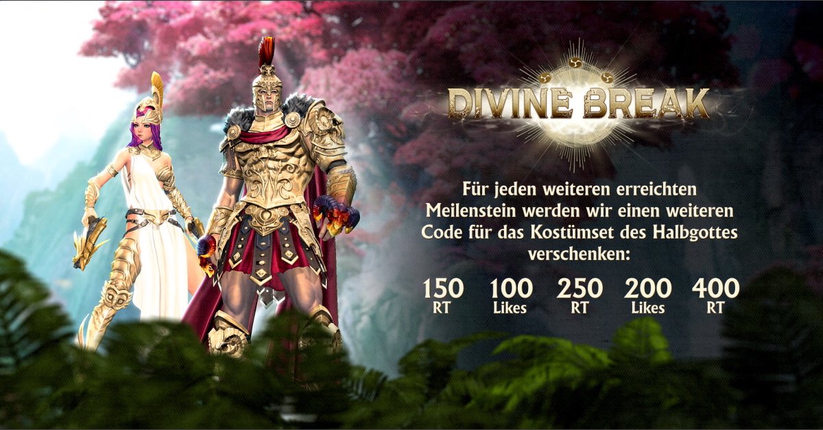 Das nächste #bns -Kapitel steht in den Startlöchern: „Göttlicher Durchbruch“. Das wird gefeiert! Gewinne einen von ✨5 Codes für das Kostümset des Halbgottes✨. Folge uns &amp; RT, um teilzunehmen. Morgen um 15:00 Uhr (CEST) wählen wir per Zufallsverfahren 5 Gewinner. #bladeandsoul