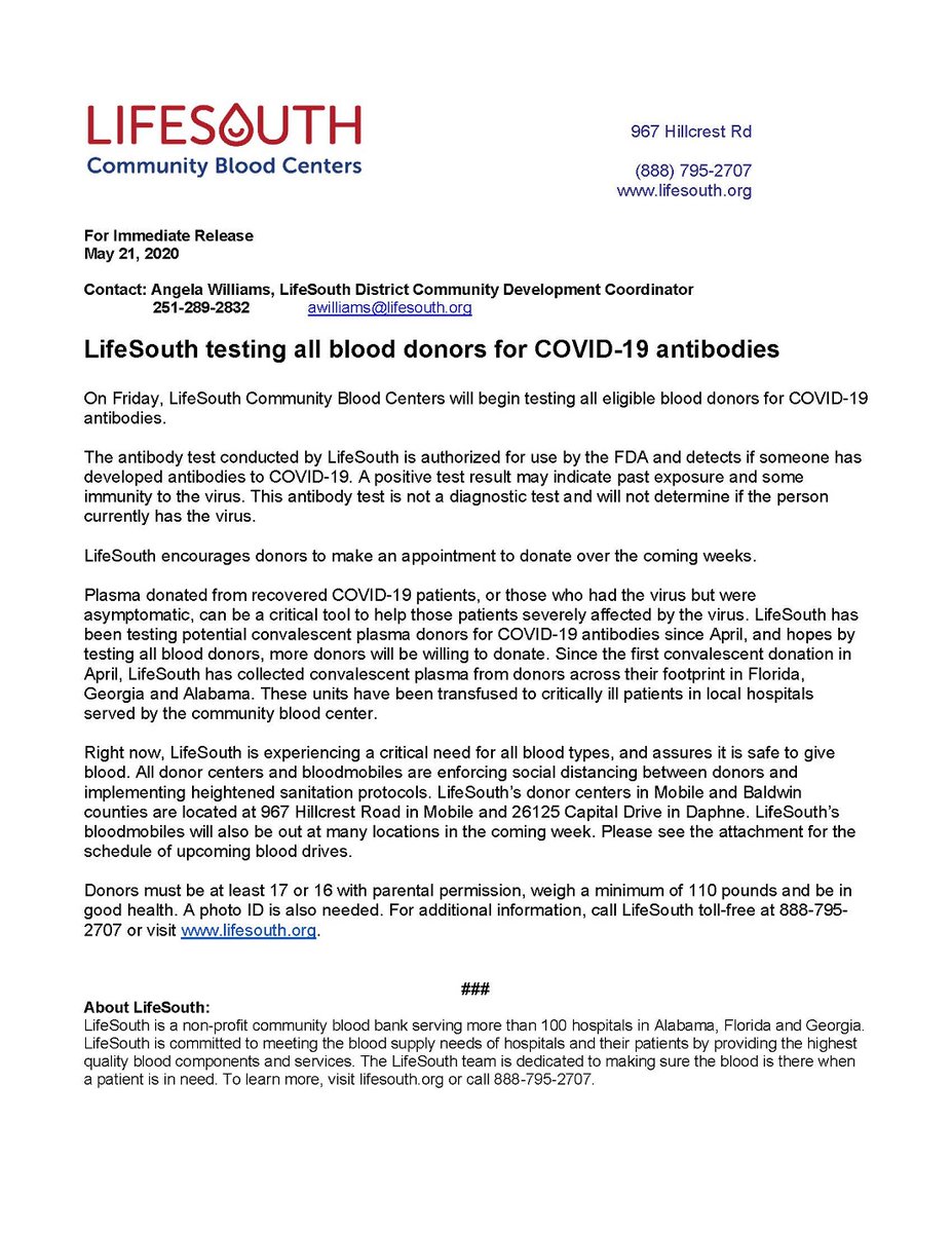USABaldwin's tweet photo. USABC is hosting a community blood drive sponsored by LifeSouth. The need is greater than ever. Tuesday, June 23, 2020, from 10am-5pm. Give local, Save local. https://t.co/TLwo8DJn1B