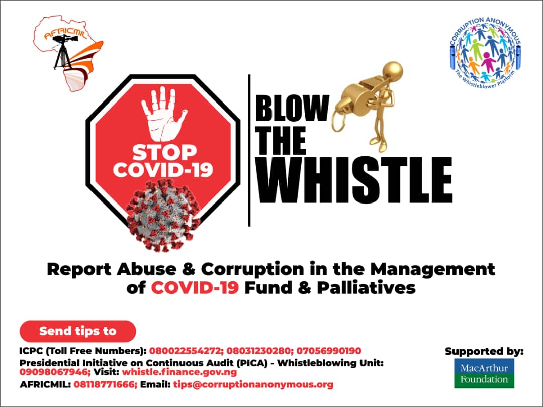 Africmil's tweet photo. World Whistleblowing Day: AFRICMIL calls for the passage of the whistleblower protection law.
#CORA #BlowTheWhistleNaija #CorruptionAnonymous #WorldWhistleblowingDay
.
.@conumah .@macfound .@Abdulfagge https://t.co/phqiUFr9co