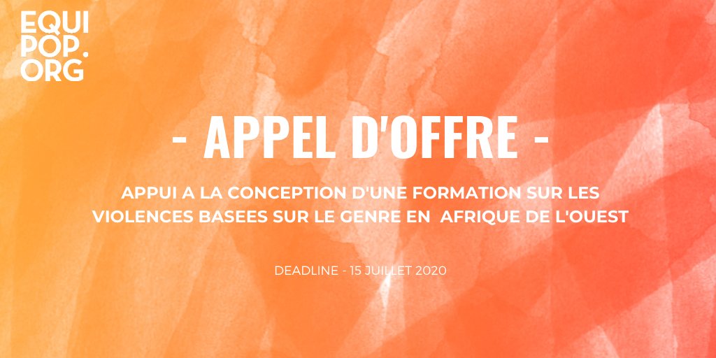 📢 Appel d'offre - Nous recherchons un·e consultant·e pour un appui à la conception d'une formation sur les violences basées sur le genre en Afrique de l'Ouest.
🗓️ Date limite de dépôt de dossier : 15/07/20 
📋Toutes les infos ici 👉equipop.org/wp-content/upl…
#VBG #Consultance
