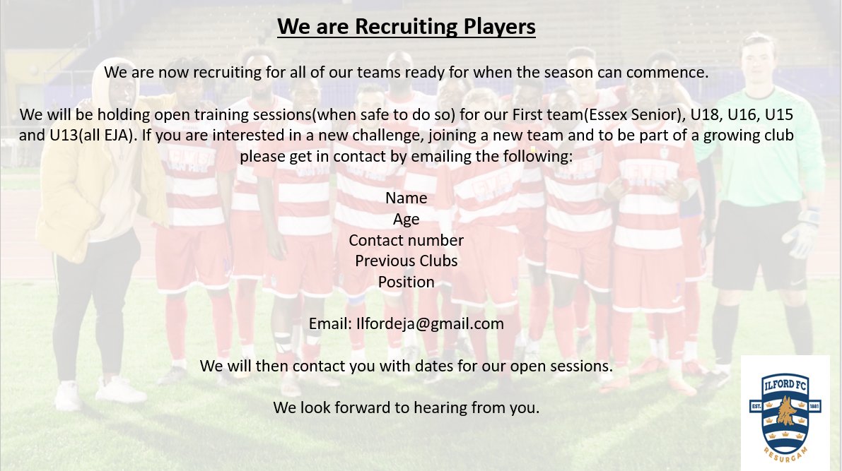 IlfordFC1881's tweet photo. We have had lots of interest for our youth teams for next season, Open training is starting back again in line with guidelines, if you are interested in joining get in touch #squadbooster https://t.co/ZiCnZ41QtG