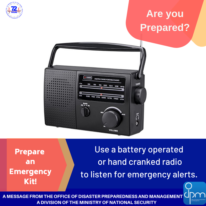 ODPM_TT's tweet photo. Add a battery operated or hand cranked radio to your emergency kit to stay informed during a hazard or disaster.  Online, remember to follow only official sources, such as  @TTMetOffice @uwiseismic  &amp;  @ODPM_TT 
#Emergencykitchallenge #emergencyalerts #Beready  #ODPMTT https://t.co/ArNaIfEcfj