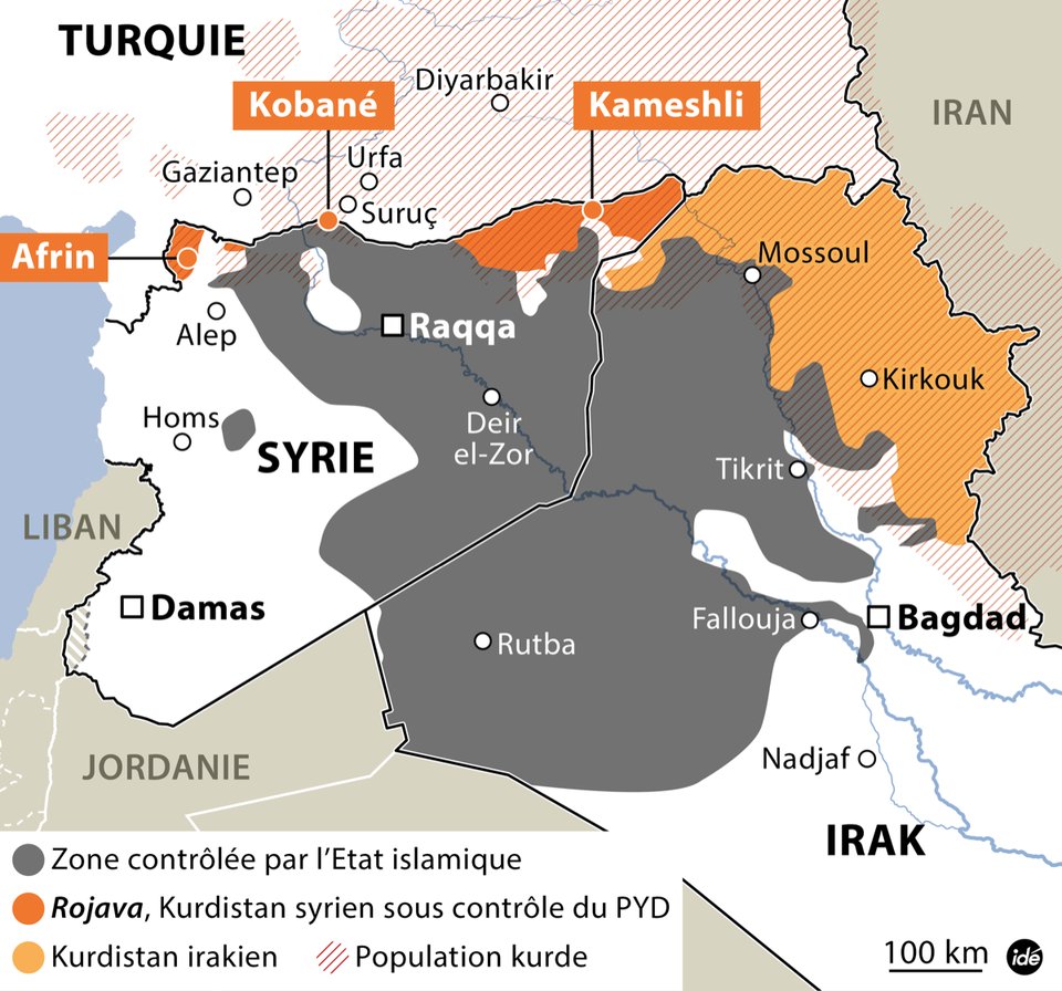 16 septembre 2014 : le petit coup de théâtre.L’État islamique lance une offensive majeure sur Kobané, tenue par les forces kurdes des YPG (« Unités de protection du peuple »). Cette ville est le pilier du projet indépendantiste kurde.