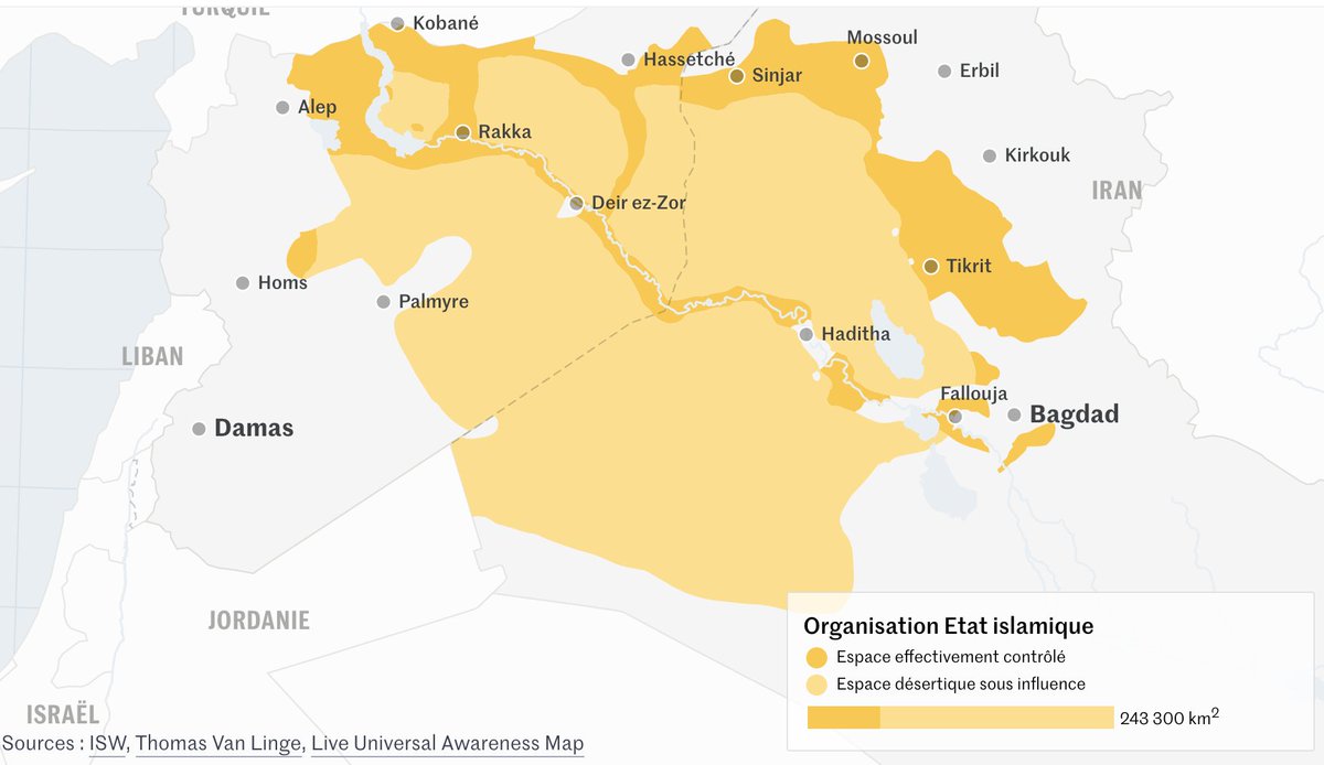 En termes de surface, l’EI tient en octobre 2014 pas moins de 60 000 km2 de zones utiles et 185 000 km2 de désert sous contrôle.