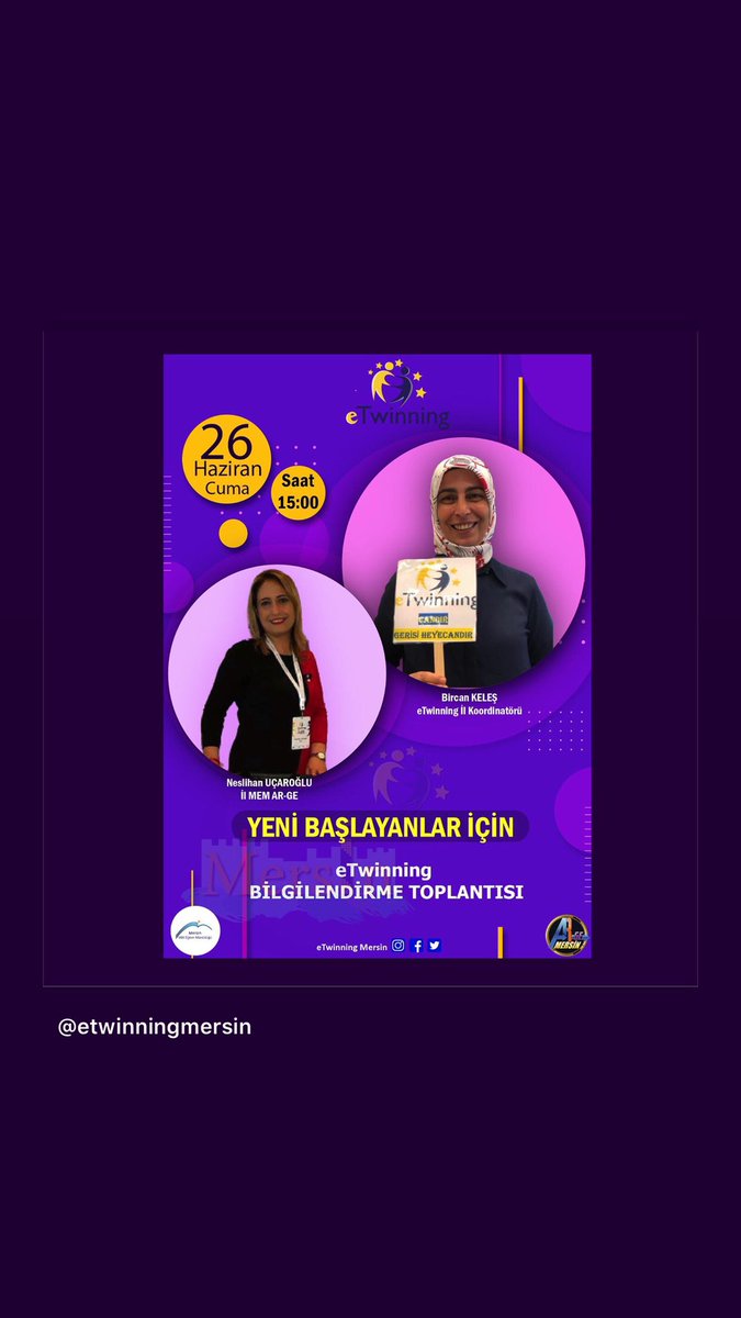 ❗️MERSİN’DE GÖREV YAPAN ÖĞRETMENLERİMİZİN DİKKATİNE❗️

#eTwinning portalına yeni üye olanlar veya olmak isteyenlere yönelik bilgilendirme toplantısı düzenlenecektir.Katılmak isteyenler için form linki:

▶️ bit.ly/2zU7e4y

@mhbucuk <a href="/tretwinning/">eTwinning Türkiye</a> <a href="/AdemKoca46/">Adem Koca</a> <a href="/MersinMEMArGe/">Mersin MEM ArGe</a>