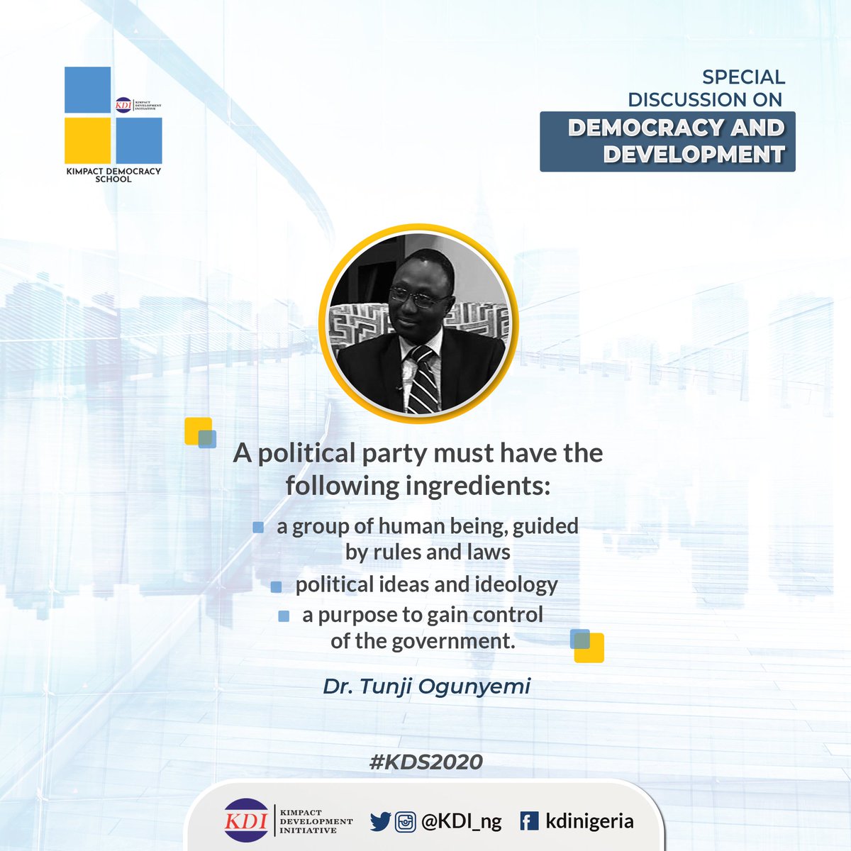 Kimpact_Global's tweet photo. A political party must have the following ingredients:
- A group of human being, guided by rules and laws
- Political ideas and ideology
- A purpose to gain control of the government
#KDS2020 #DemocracyxDevelopment https://t.co/LuRhnxfyRb
