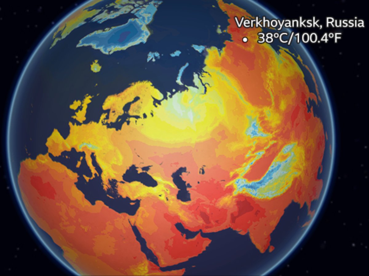 ErikSolheim's tweet photo. Scary!
38 degrees plus in Verkhojansk, Russia 🇷🇺 - one of the coldest places on the planet 🌎. 
The highest ever recorded temperature north of the polar circle.
Time for climate action!

https://t.co/iOT3dxyTVW https://t.co/saiWL1X4ek
