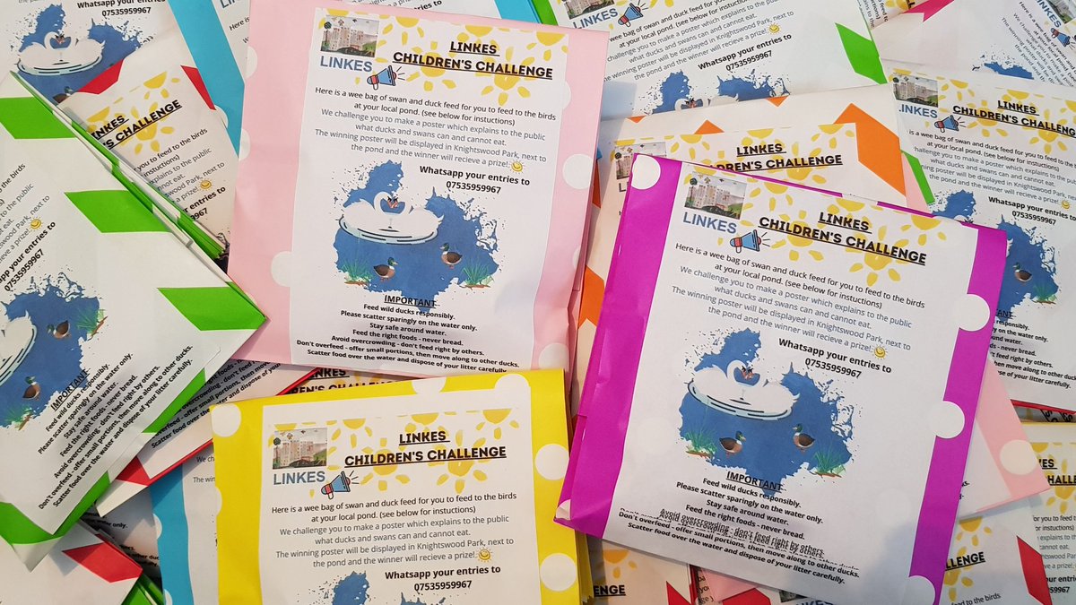 LINKESGLA's tweet photo. Our Swan and Duck feed packs ready to be sent out to children and they are challenged to create a poster to be displayed at Knightswood Park pond. (Plus a prize for the winner 😁) 🦢🦆 @KnightswoodOf @BBCCiN @QuackSnacks https://t.co/2z19Z2ZK9D