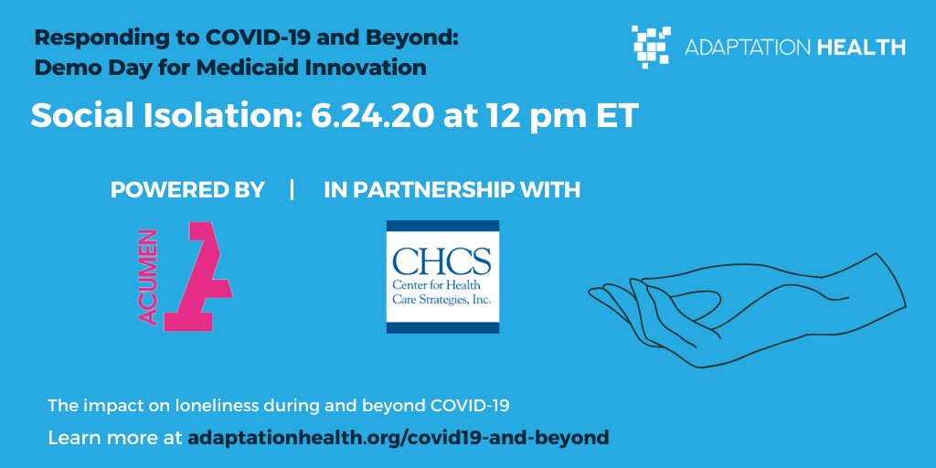 Adaptation Health (@ah_innovation) on Twitter photo Tomorrow we'll kick off the conversation on social isolation during and beyond #COVID19 with a panel featuring experts from <a href="/TheSCANFndtn/">The SCAN Foundation</a>, <a href="/johnahartford/">The John A. Hartford Foundation</a>, and <a href="/HealthPolicyHub/">Community Catalyst</a>.
RSVP for the final #MedicaidInnovationDemoDay 👉 bit.ly/3e8T6n2. Tomorrow we'll kick off the conversation on social isolation during and beyond #COVID19 with a panel featuring experts from <a href="/TheSCANFndtn/">The SCAN Foundation</a>, <a href="/johnahartford/">The John A. Hartford Foundation</a>, and <a href="/HealthPolicyHub/">Community Catalyst</a>.
RSVP for the final #MedicaidInnovationDemoDay 👉 bit.ly/3e8T6n2.