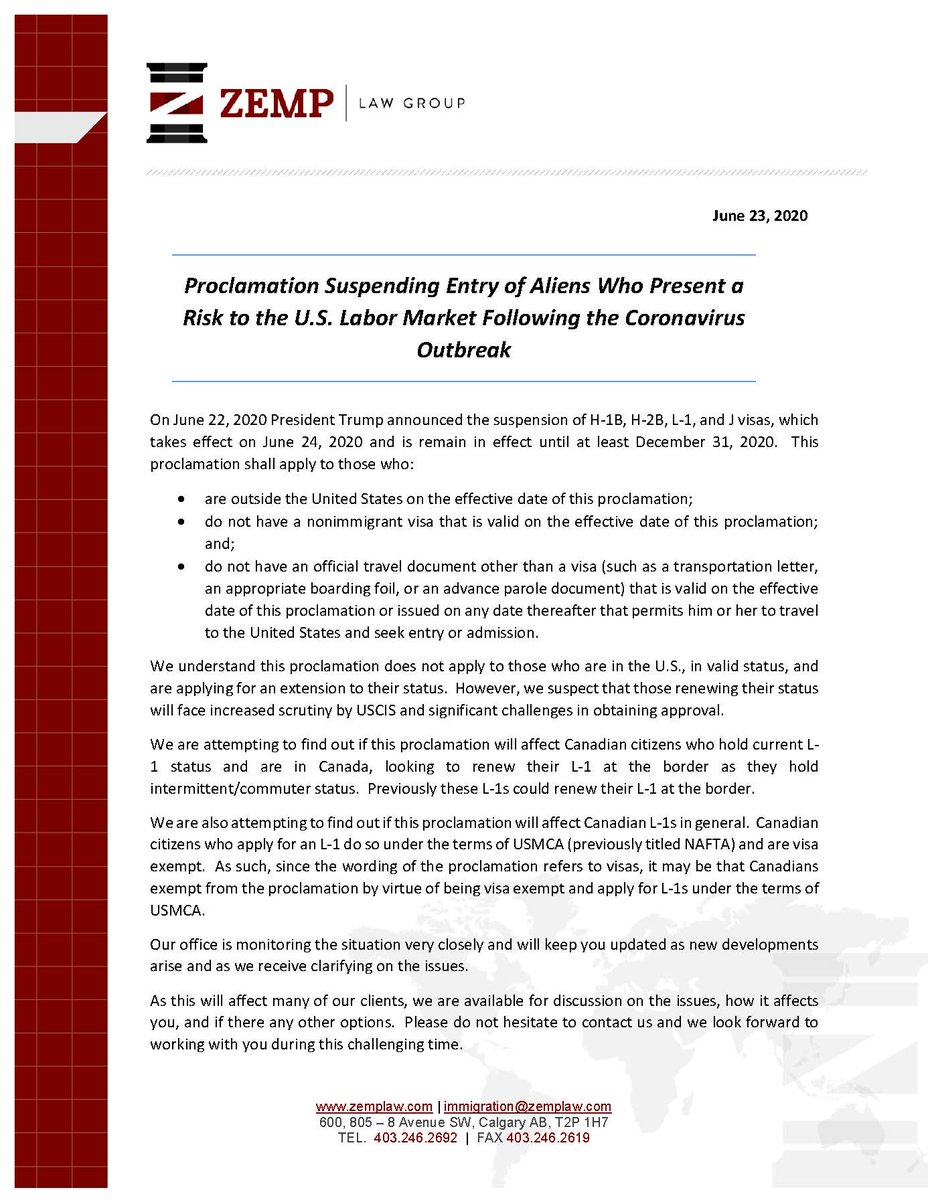 Please read below The Proclamation Suspending Entry of Aliens Who Present a Risk to the US Labor Market Following the Coronavirus Outbreak.