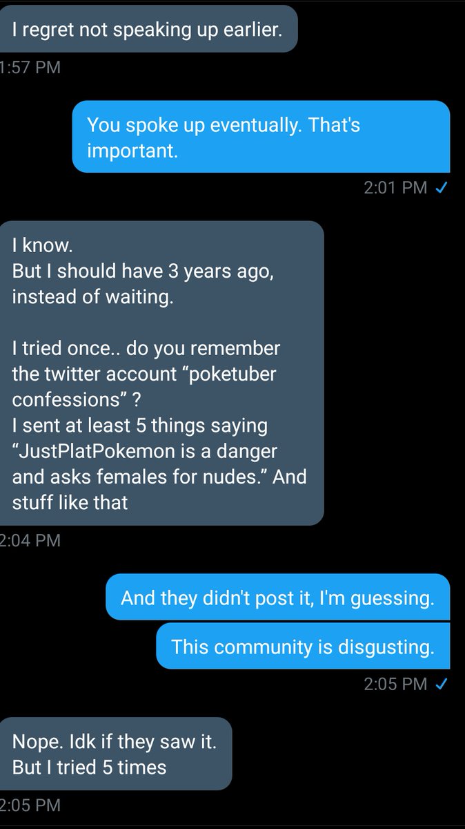 In regards to the Pokemon Community and how it systematically protects abusers and silences victims until someone with evidence holds them accountable.The person in the DMs is one of the victims of  @JustPlayPokemon and their story is credible.This is disgusting.