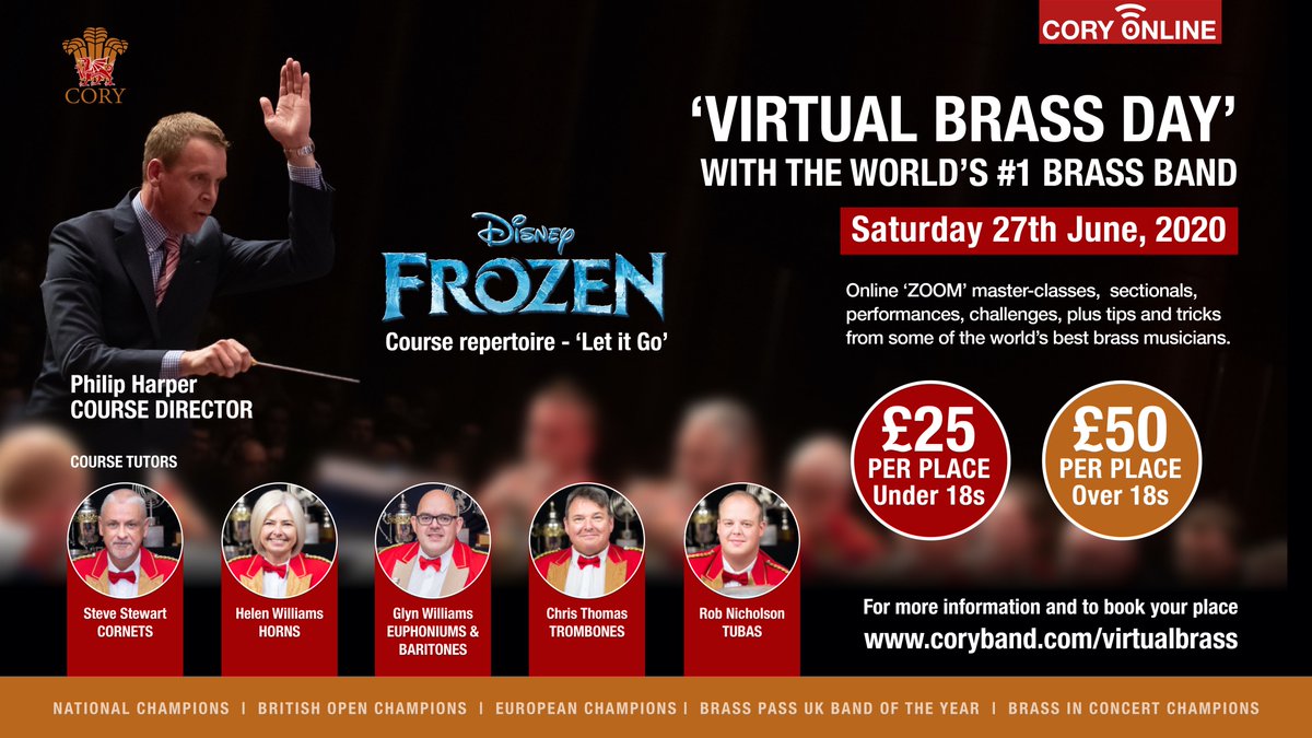 Our next online brass day this Saturday is filling up but there is still time to book your place. Come and join Philip Harper, Steve Stewart, Helen Williams, Chris Thomas, Rob Nicholson and Glyn Williams for this fantastic online event 
🎟️Visit coryband.com/virtualbrass to book.