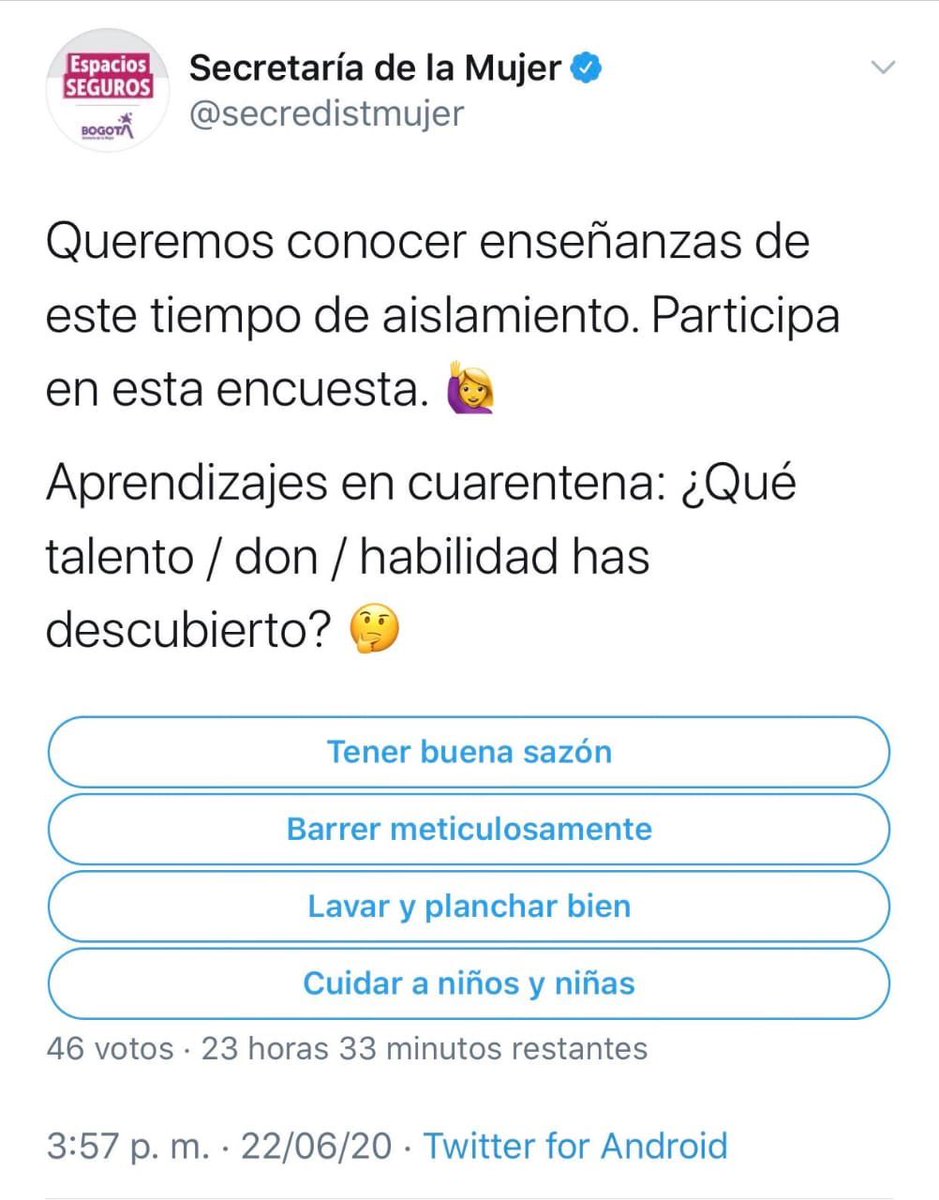Tati_Ramirez's tweet photo. JODIDAS.

Aunque el tuit fue borrado muchas lo vimos: A la Secretaría de la Mujer le faltó colocar en la encuesta: Cuidar bien a su esposo, trapear bien y quitar el polvo de los muebles. Patético. https://t.co/qsI8KyVv4y