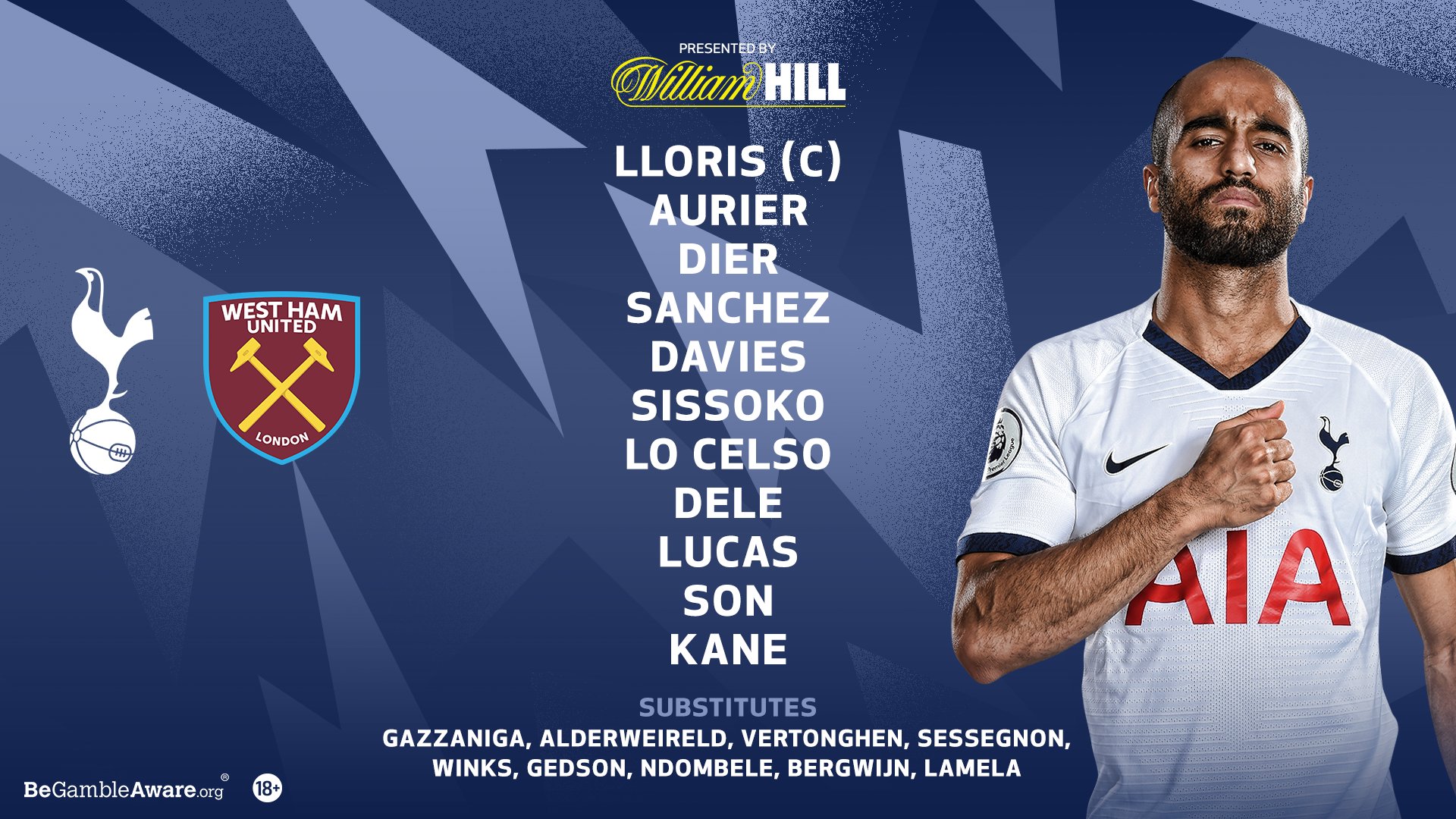 Tottenham Hotspur on X: 𝗧𝗘𝗔𝗠 𝗡𝗘𝗪𝗦! Lloris (C), Aurier, Dier,  Sanchez, Davies, Sissoko, Lo Celso, Bergwijn, Lucas, Son, Kane.  @WilliamHill latest (18+) ➡️  #THFC ⚪️ #COYS   / X