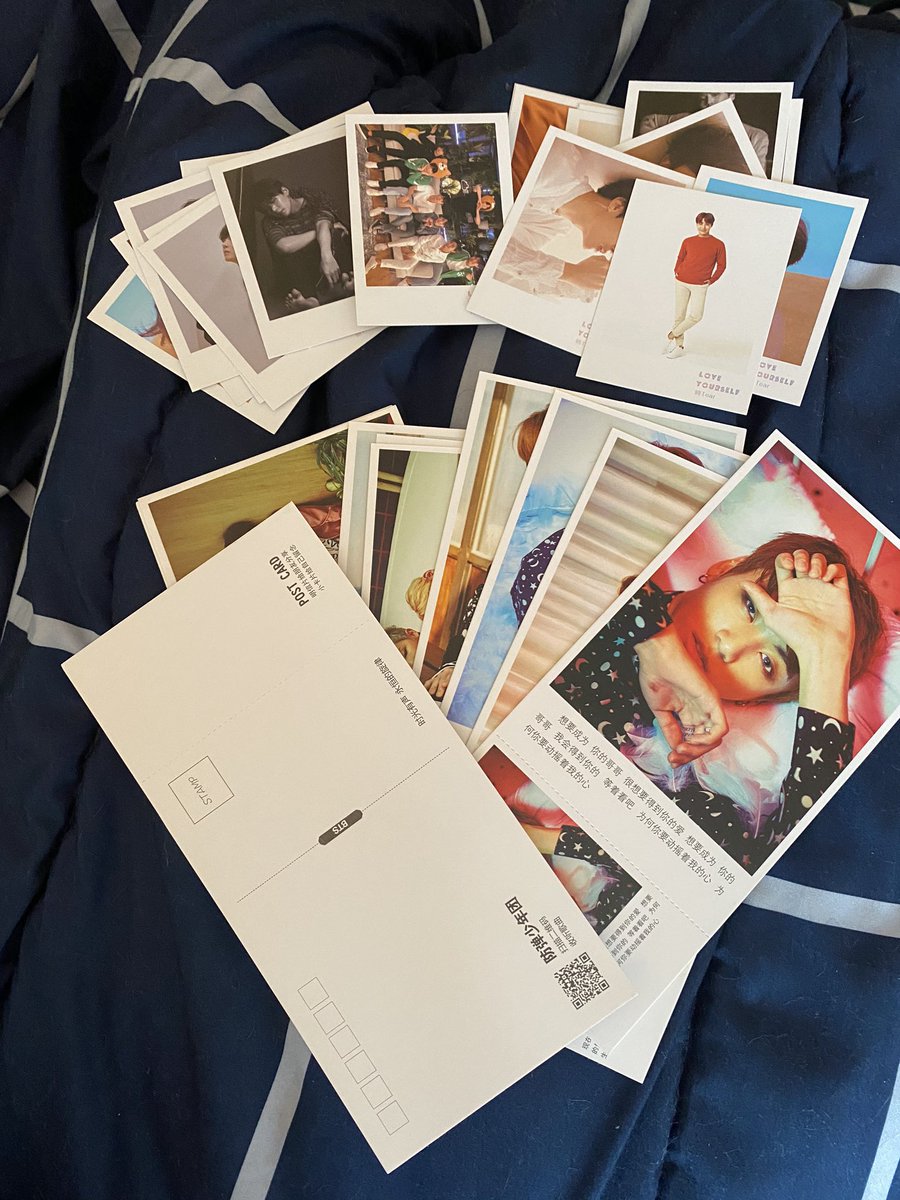 3.) unofficial sticker pack, take one of all of them pls 4.) postcard/photocard combo, and ly:t polaroid photocards. these are pretty much grab bag items, there are a lot of them with many eras and solo/groups. postcards are thick card stock perforated and all wings era