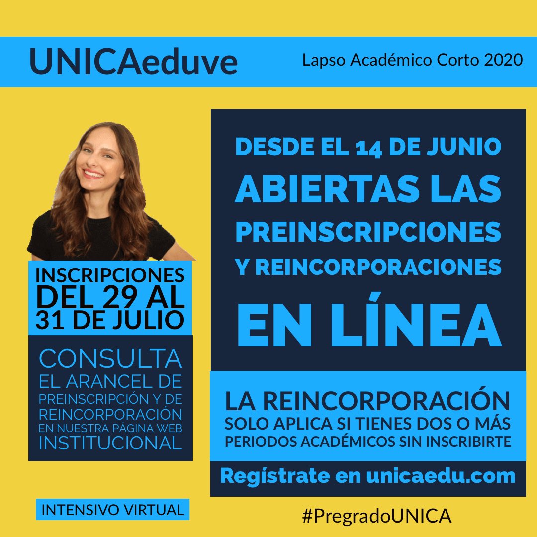 UNICAeduve's tweet photo. Revisa aquí los requisitos y pasos para la preinscripción en nuestra universidad.
Nuestras carreras de #PregradoUNICA están disponibles en modalidad virtual, con #ExcelenciaAcadémica.
#NuevosIngresos https://t.co/qfdfx5vmqj