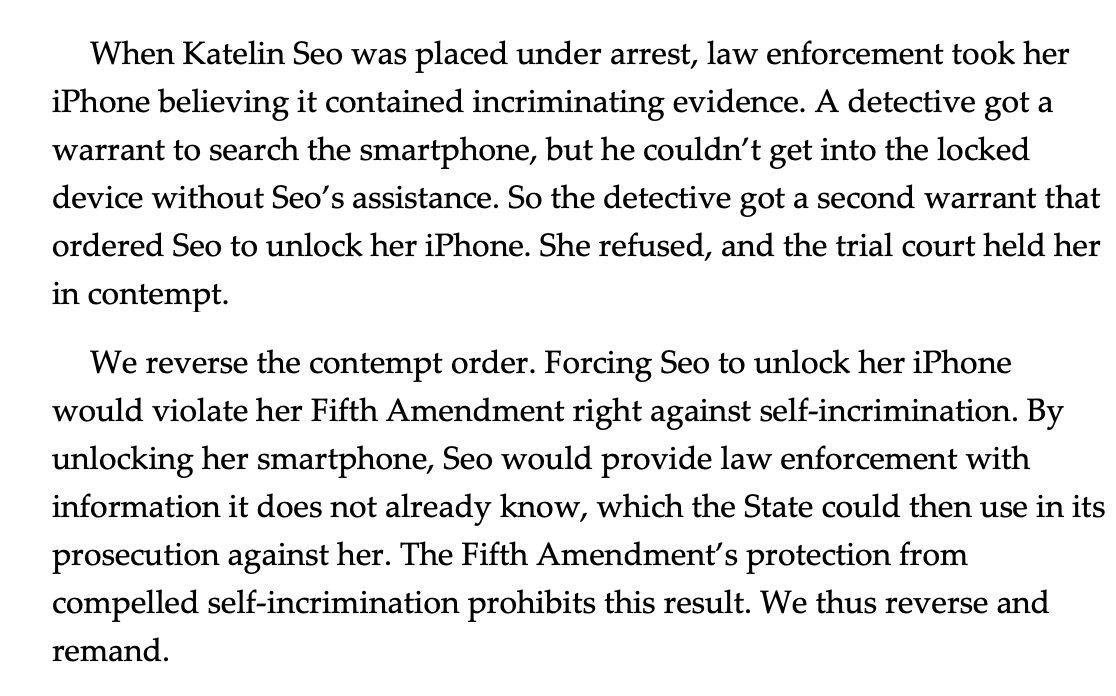 BREAKING: Indiana SCT creates a crystal-clear split with the Massachusetts SJC on how the 5th Amendment applies to compelled decryption in a new ruling, Seo v. State.  This may be headed to SCOTUS.  

Explanatory thread below. 

in.gov/judiciary/opin… #N