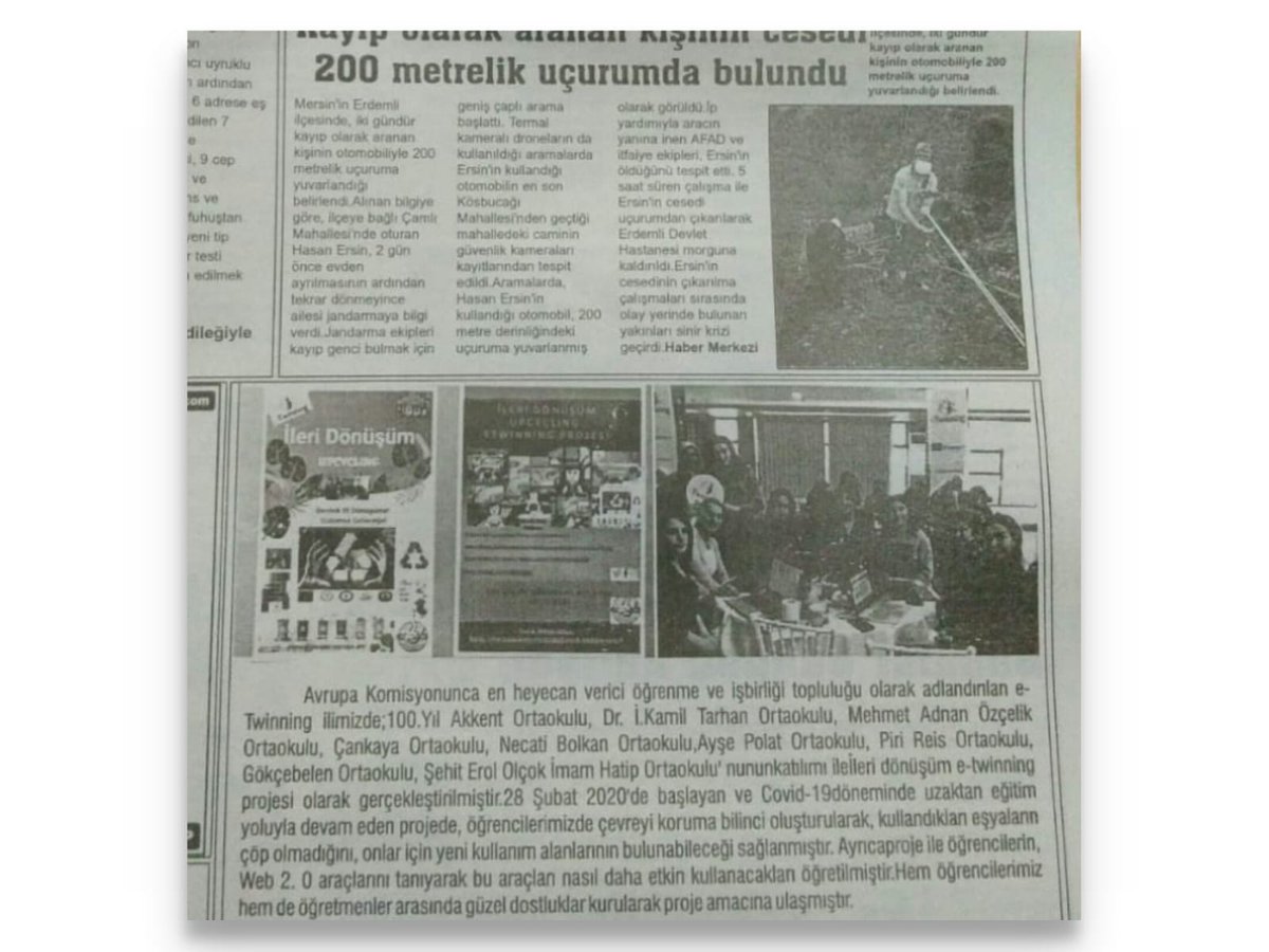 Okulumuz Sosyal Bilgiler öğretmeni Sevda ATEŞ BÜTÜNER koordinatörlüğünde  gerçekleştirilen Upcycling-İleri Dönüşüm eTwinning Projesi ile ilgili haberimiz Silifke Sabah gazetesinde yayımlandı. <a href="/bircankeles/">Bircan Keleş</a> <a href="/tretwinning/">eTwinning Türkiye</a> <a href="/eTwinningMersin/">eTwinning Mersin</a> <a href="/MersinMEM/">Mersin İl Millî Eğitim Müdürlüğü</a> <a href="/EbaMersin/">Mersin EBA</a> <a href="/MersinMEM_ARGE/">Mersin MEM AR-GE</a>