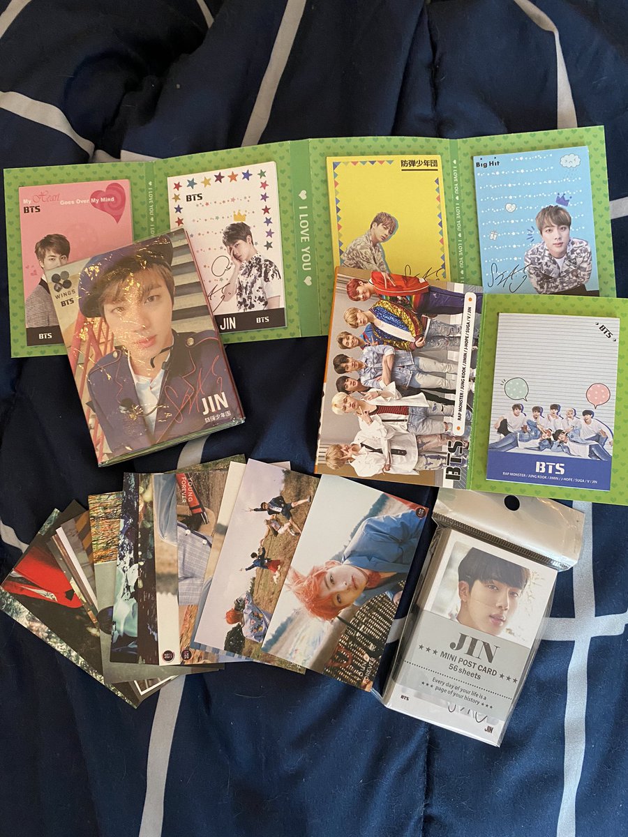 5.) jjin memo card sets!! there’s two, the one that’s closed on top is the same set inside as the other, but has diff outside images. the other is an ot7 booklet of 4 as well.6.) kpoptown unofficial double-sided photocards, honestly it’s all random from hyyh2/young forever