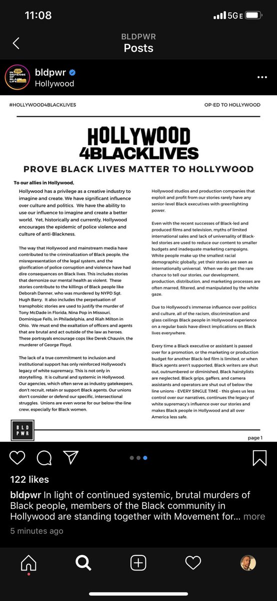 Over 300 powerful members of the Black community in Hollywood stand together w/ @Mvmnt4BlkLives @BLMLA @Blklivesmatter @OsopePatrisse @DocMellyMel calling on Hollywood to divest from police! Letter/full list of demands @ BLDPWR.com.  #Hollywood4BlackLives