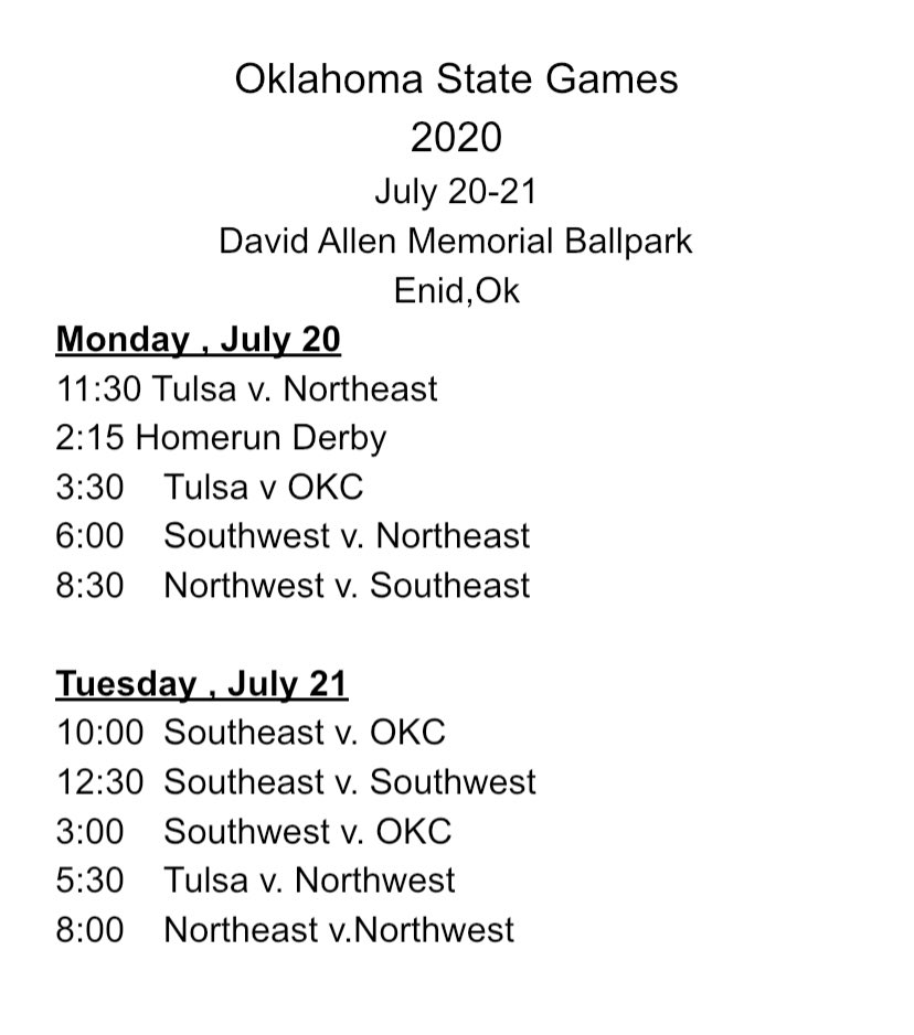 Okstategames's tweet photo. Schedule for the 2020 Oklahoma State Games! Bp times will be listed shortly! https://t.co/7HqJxmVh6D
