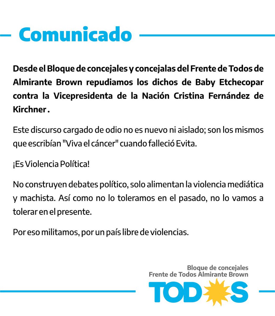 nicolaspj80's tweet photo. Desde el Bloque de Concejales y Concejalas del @FrenteDeTodos queremos manifestar nuestro más enérgico repudio a las declaraciones del Sr. Baby Etchecopar producidas en el programa de televisión “La noche de Mirta” el día sábado 20 de Junio y transmitido por Canal 13 https://t.co/MHBtE4zVGT