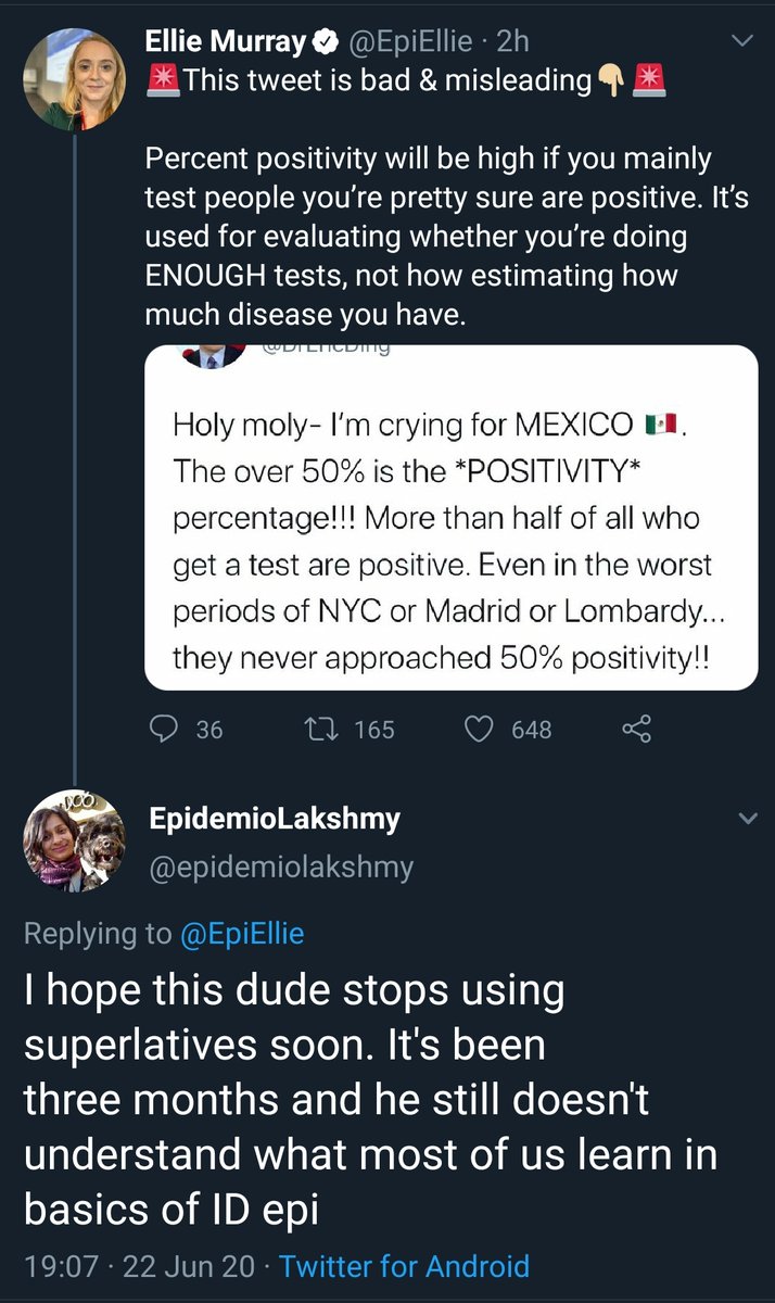 On June 22, Dr. Ellie Murray of Boston University posted a response, calling  @DrEricDing's tweet "bad and misleading".A number of other Infectious Disease Epidemiologists (ID Epis) joined Dr. Murray to criticize  @DrEricDing, mostly with disrespectful tweets.2/