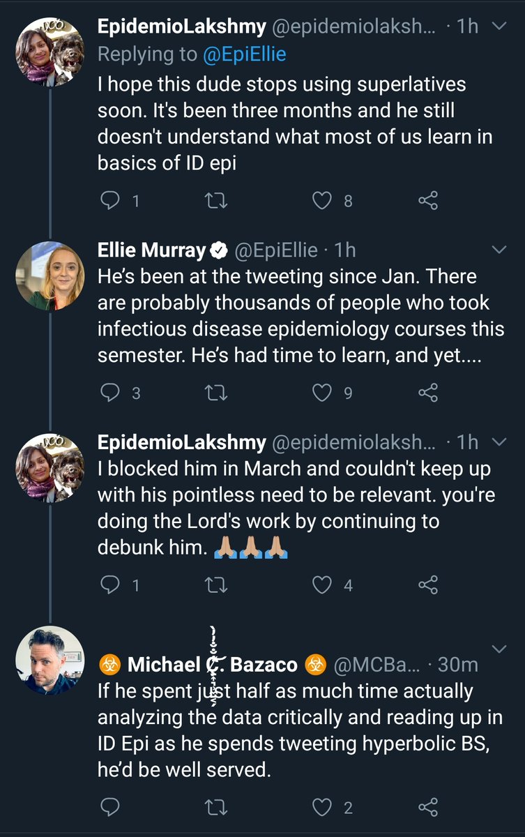 On June 22, Dr. Ellie Murray of Boston University posted a response, calling  @DrEricDing's tweet "bad and misleading".A number of other Infectious Disease Epidemiologists (ID Epis) joined Dr. Murray to criticize  @DrEricDing, mostly with disrespectful tweets.2/