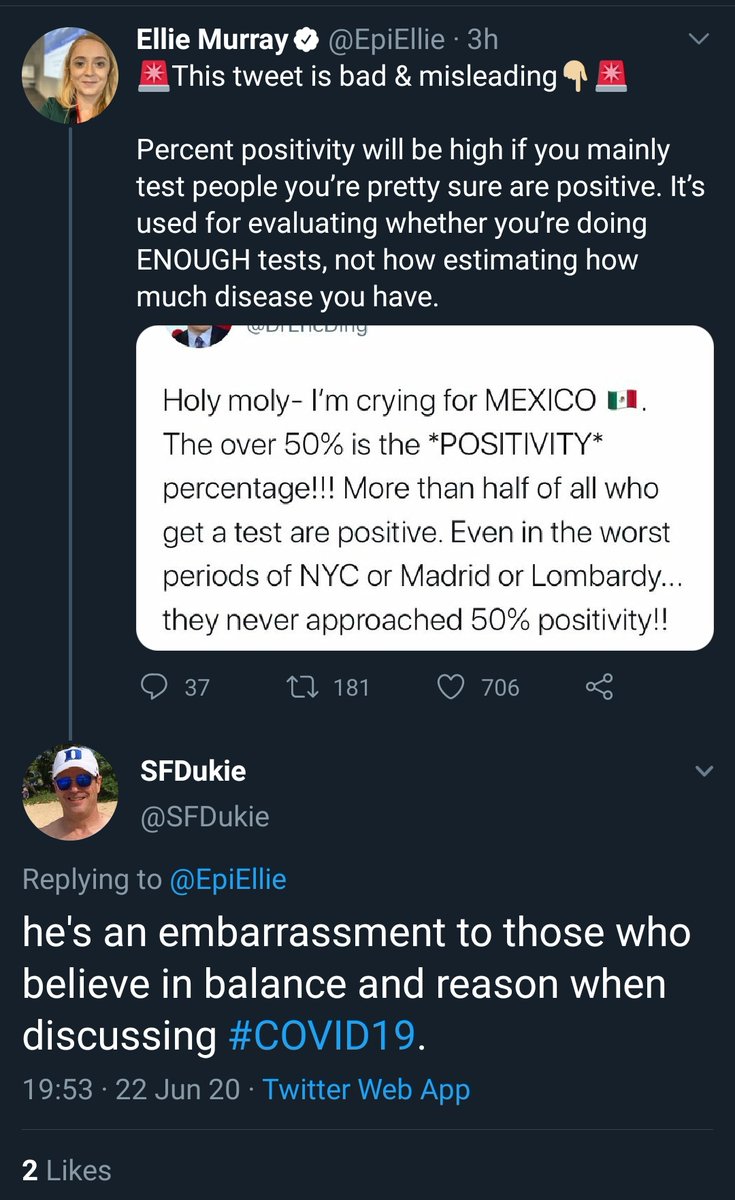 On June 22, Dr. Ellie Murray of Boston University posted a response, calling  @DrEricDing's tweet "bad and misleading".A number of other Infectious Disease Epidemiologists (ID Epis) joined Dr. Murray to criticize  @DrEricDing, mostly with disrespectful tweets.2/