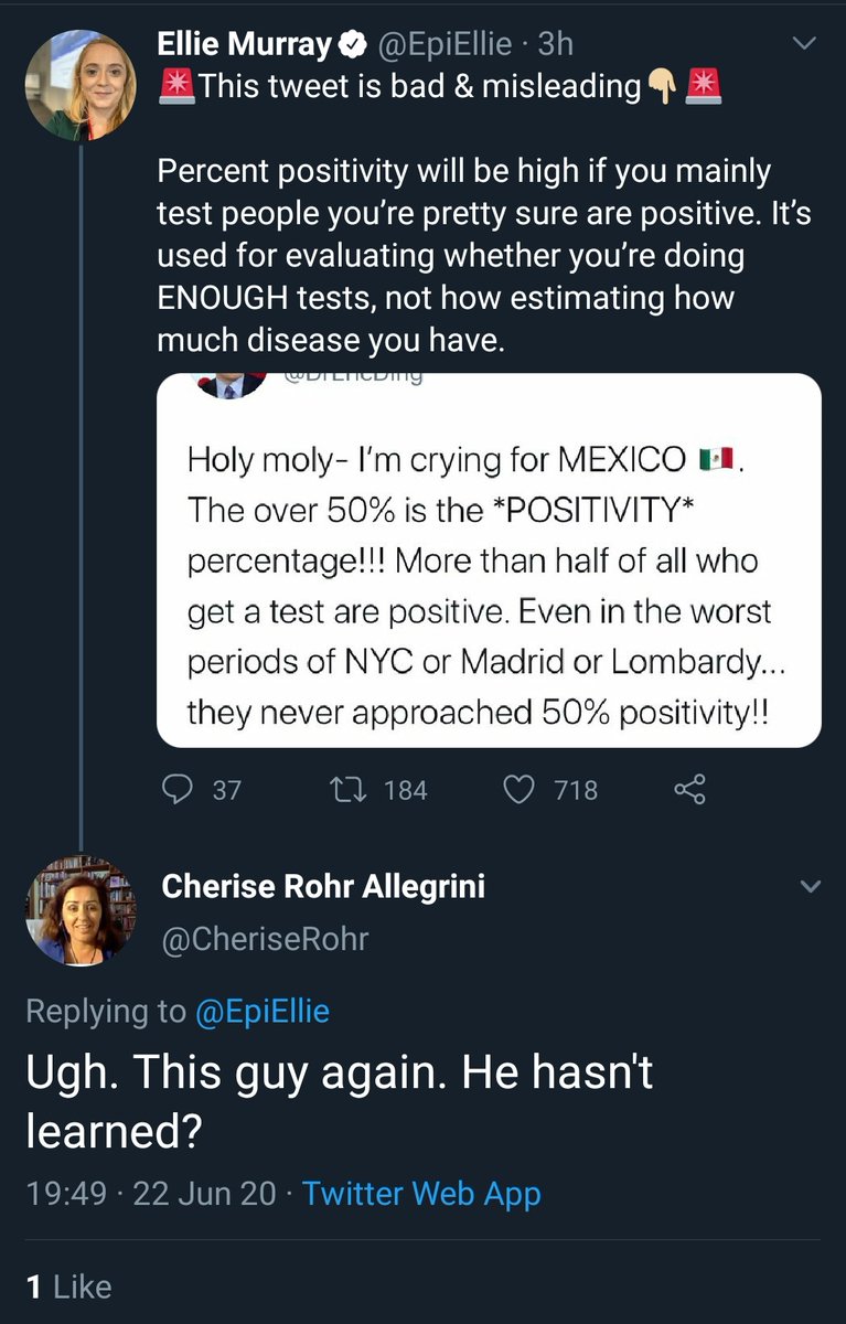 On June 22, Dr. Ellie Murray of Boston University posted a response, calling  @DrEricDing's tweet "bad and misleading".A number of other Infectious Disease Epidemiologists (ID Epis) joined Dr. Murray to criticize  @DrEricDing, mostly with disrespectful tweets.2/