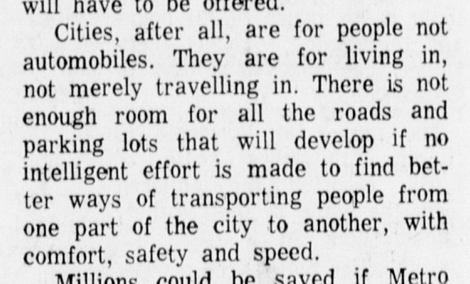 Excerpt of a letter to the editor published in The Winnipeg Tribune, March 17, 1969. The same paragraph might be written today about the need for a city-wide active transport commuter network, with the additional urgency of a climate crisis and covid-19. #winnipeg #ClimateCrisis