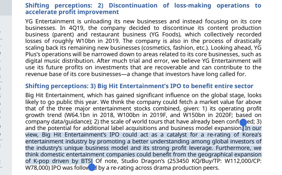 Was reading through some SK asset management reports & found Y*G’s Feb 2020 report. A little over 2pgs of the 15pg report are devoted to BH/875...not even counting their inclusion in various graphs/figures!To be clear:- “BTS...has paved the way”+