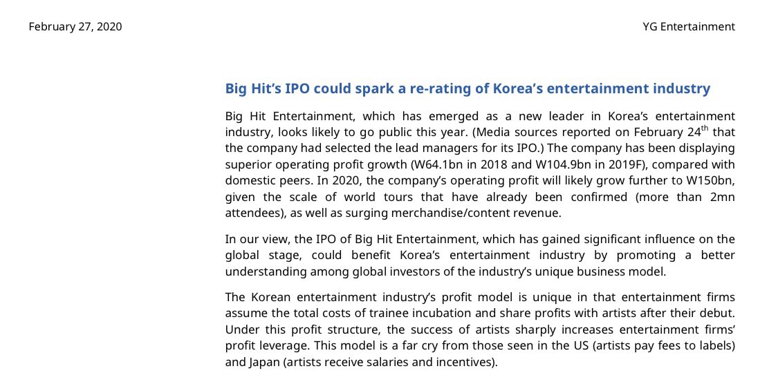 Was reading through some SK asset management reports & found Y*G’s Feb 2020 report. A little over 2pgs of the 15pg report are devoted to BH/875...not even counting their inclusion in various graphs/figures!To be clear:- “BTS...has paved the way”+