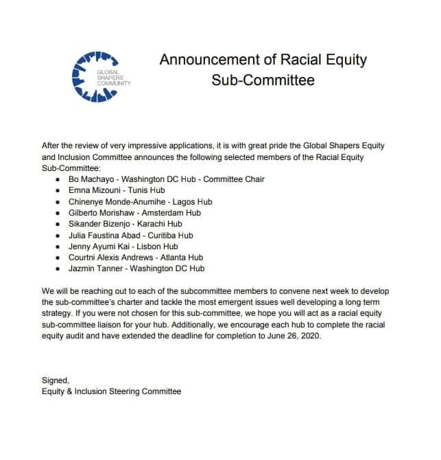 We are delighted to announce that our outgoing curator <a href="/EmnaMizouni/">Émna Mizouni ~ آمنة الميزوني</a> has been selected in the sub-committee of Racial Equity. Alongside fellow global shapers, she'll be working on strengthening the commitment of the Global Shapers community on promoting #racialequity and inclusion