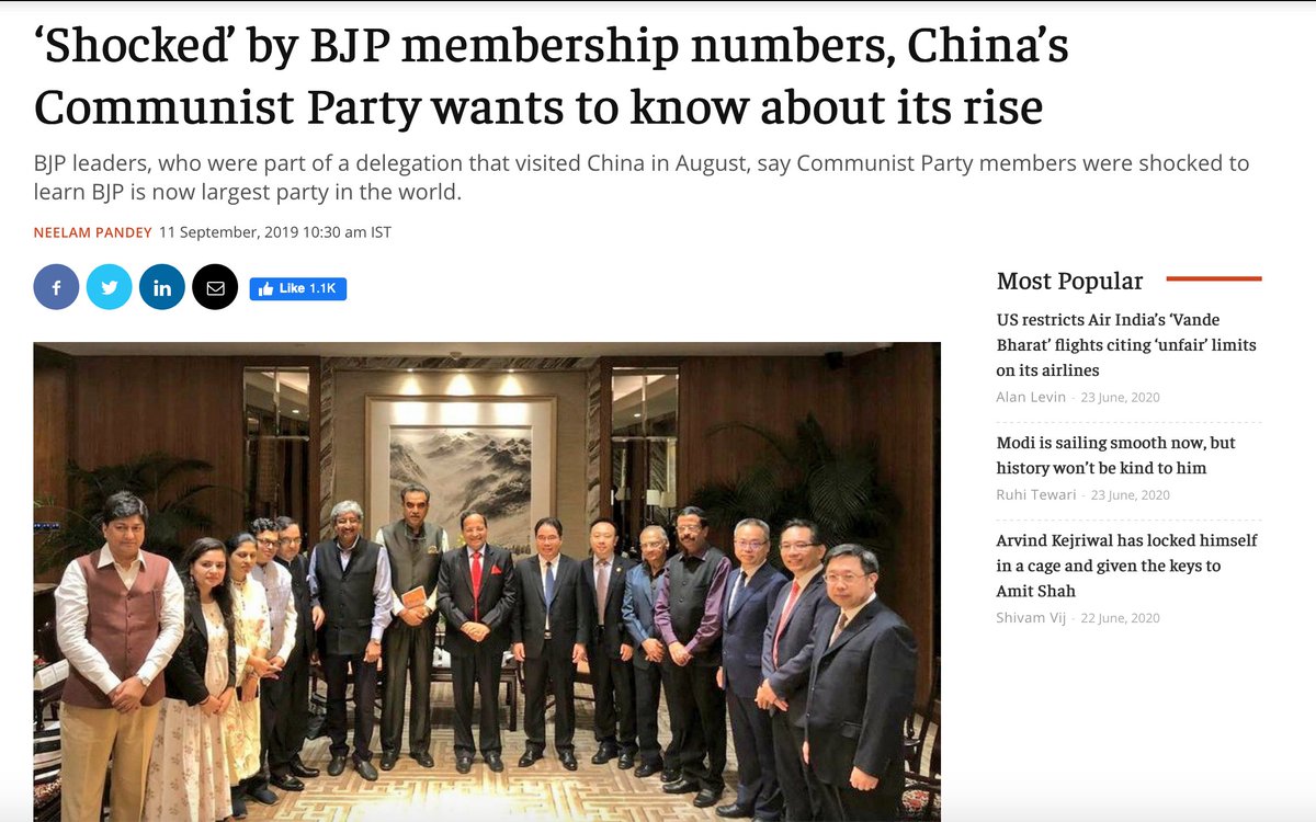 Between 26 August and 1 September ​2019, an 11-member BJP team, headed by general secretary Arun Singh, visited China at the invitation of the CPC. BJP delegation stressed on the fact that while there is govt to govt interaction, there is a need for a party to party...6/n