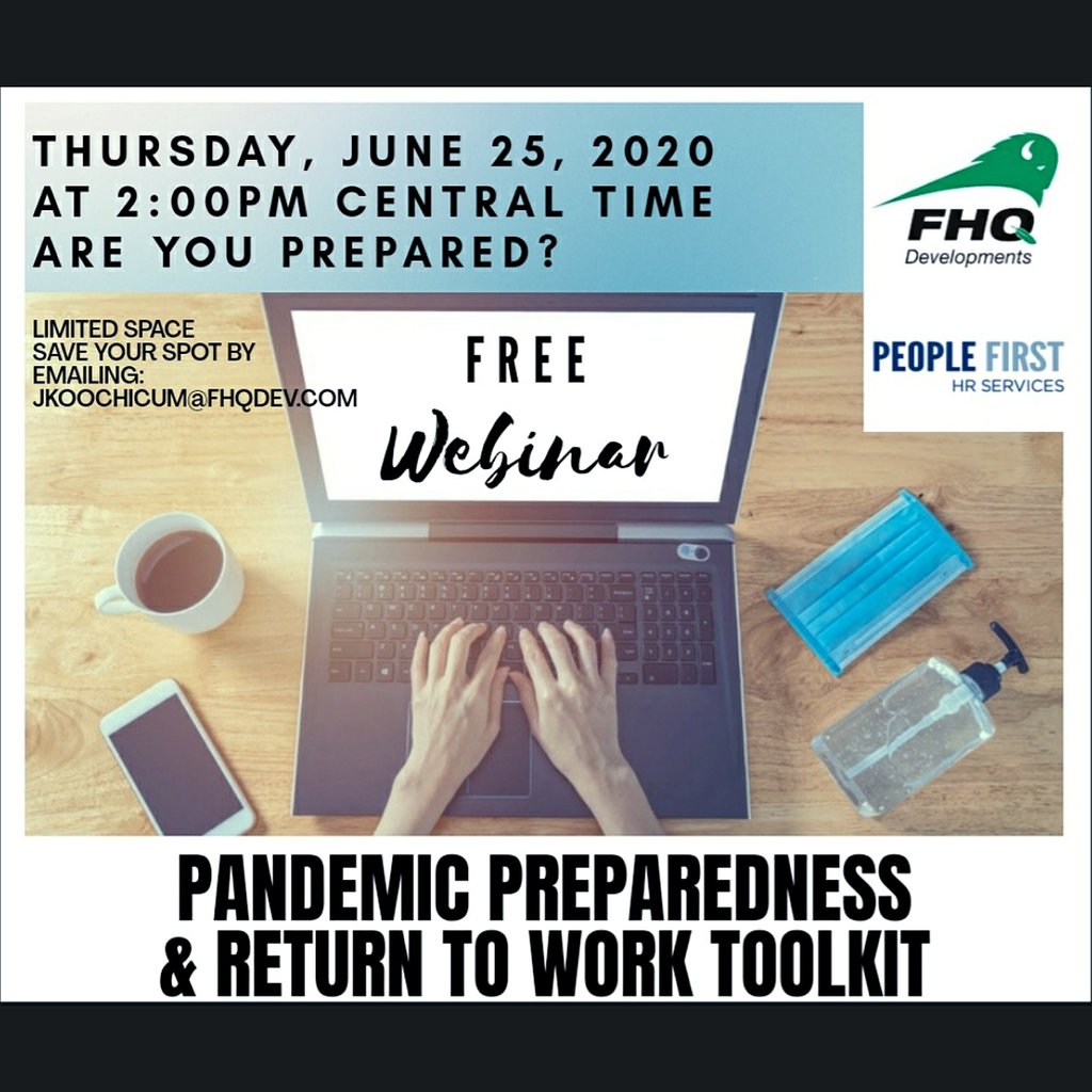 FHQDev's tweet image. Join FHQ Dev. Tokata &amp;amp; People First for a FREE webinar on Pandemic Preparedness &amp;amp; Return To Work Toolkit. 

Thursday, June 25, 2020 at 2:00 pm. SPACE IS LIMITED. To register email: JKOOCHICUM@FHQDEV.COM 

#TokataHRSolutions #FHQDEV
#PeopleFirst #freewebinar
#returntowork