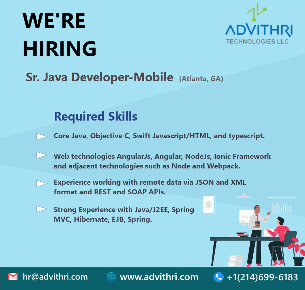 advithri's tweet photo. We are hiring a Sr. Java Developer-Mobile in Atlanta, GA.
Interested?
Contact hr@advithri.com immediately!
Follow us:- https://t.co/MrKfTiug9D
#wearehiring #senior #javadeveloper #atlanta #ga #corptocorp #cpt #opt #h1b #h4 #gc #citizen #consultant #texasjobs #itjobs #advithri https://t.co/1dtI67cbzT