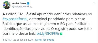 JJangadeiro's tweet photo. A Polícia Civil já está apurando denúncias relatadas no Twitter, por meio da hashtag #exposedfortal. As denúncias afirmam que garotos em Fortaleza teriam criado um grupo no WhatsApp para trocar fotos íntimas de mulheres, algumas adolescentes, sem consentimento. Veja mais https://t.co/o3CWUeMLxV